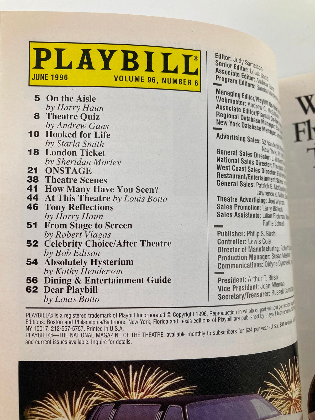 Inside of the 1996 Playbill for The King & I, detailing articles and features from Volume 96, Number 6.