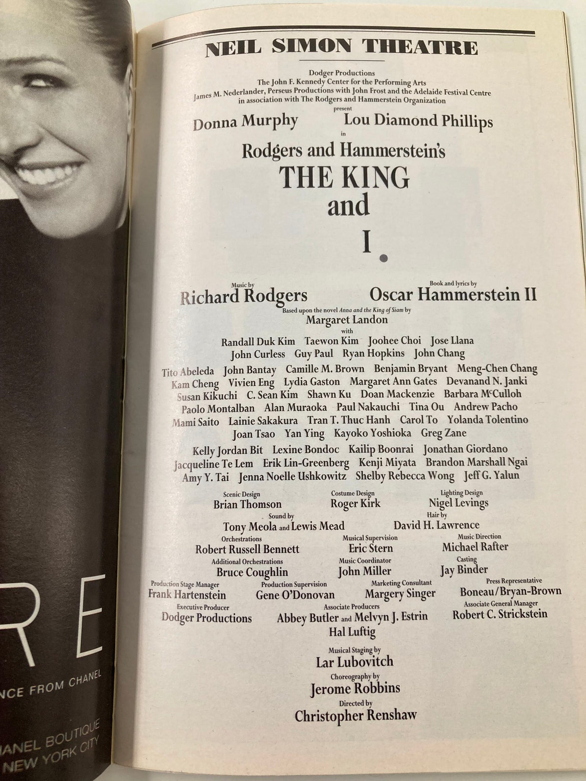 Casting and creative team information from the 1996 Playbill of The King & I, featuring Lou Diamond Phillips and Donna Murphy, presented at Neil Simon Theatre.