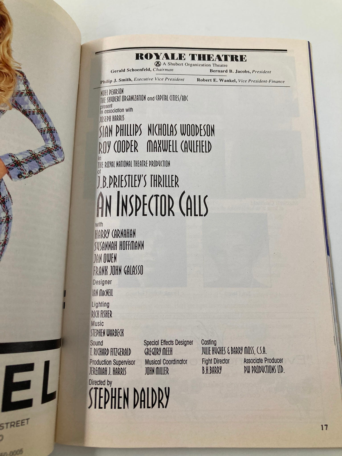 Details from the 1995 Playbill for An Inspector Calls at the Royale Theatre, listing cast members Harry Carnahan and Susannah Hoffman.
