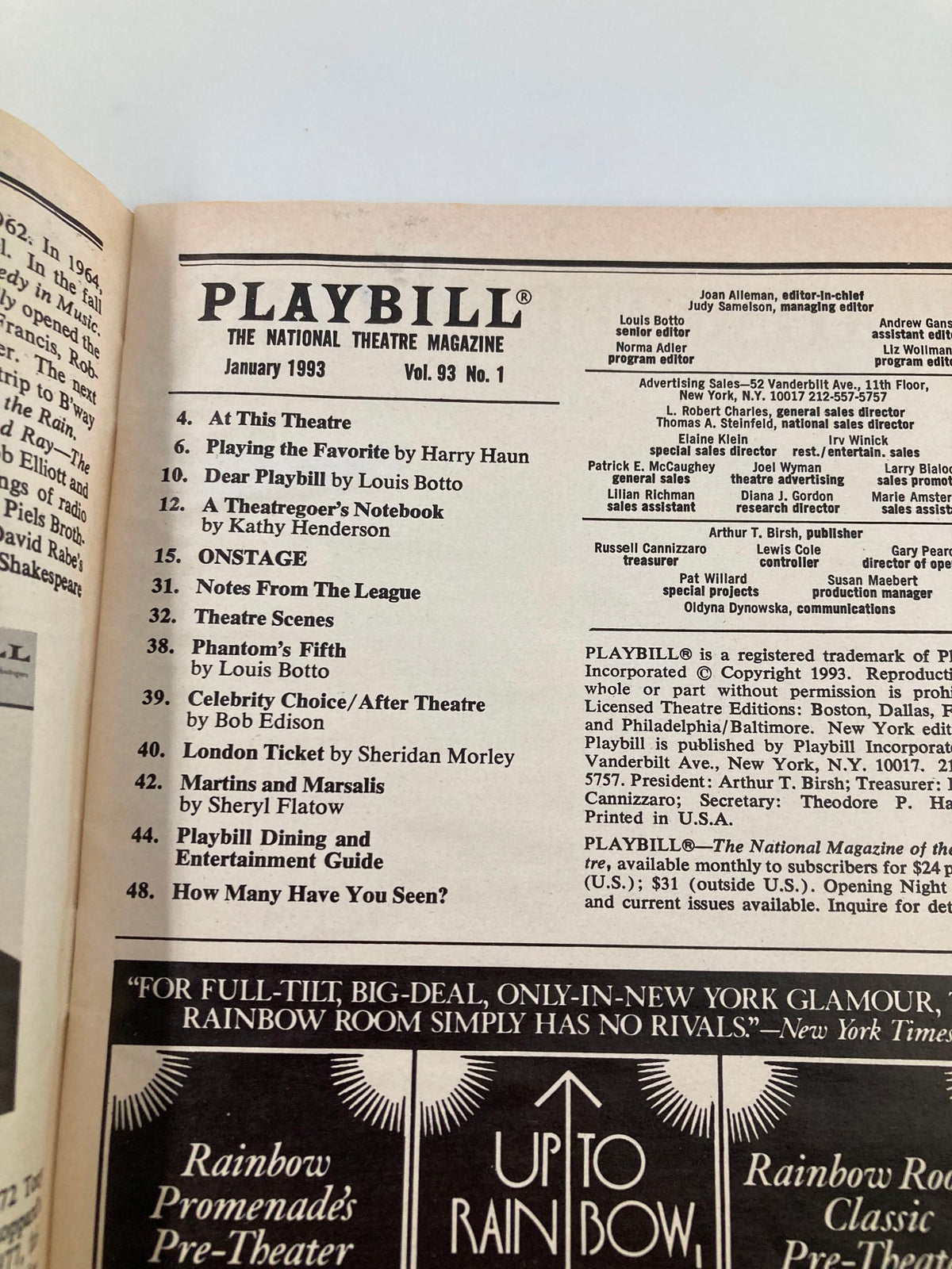 Inside page of the 1993 Playbill for Falsettos featuring contents and credits for the show at the John Golden Theatre.