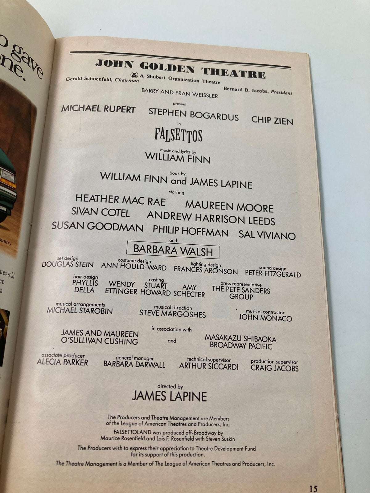 Another interior page of the 1993 Playbill for Falsettos, listing cast and crew at the John Golden Theatre.