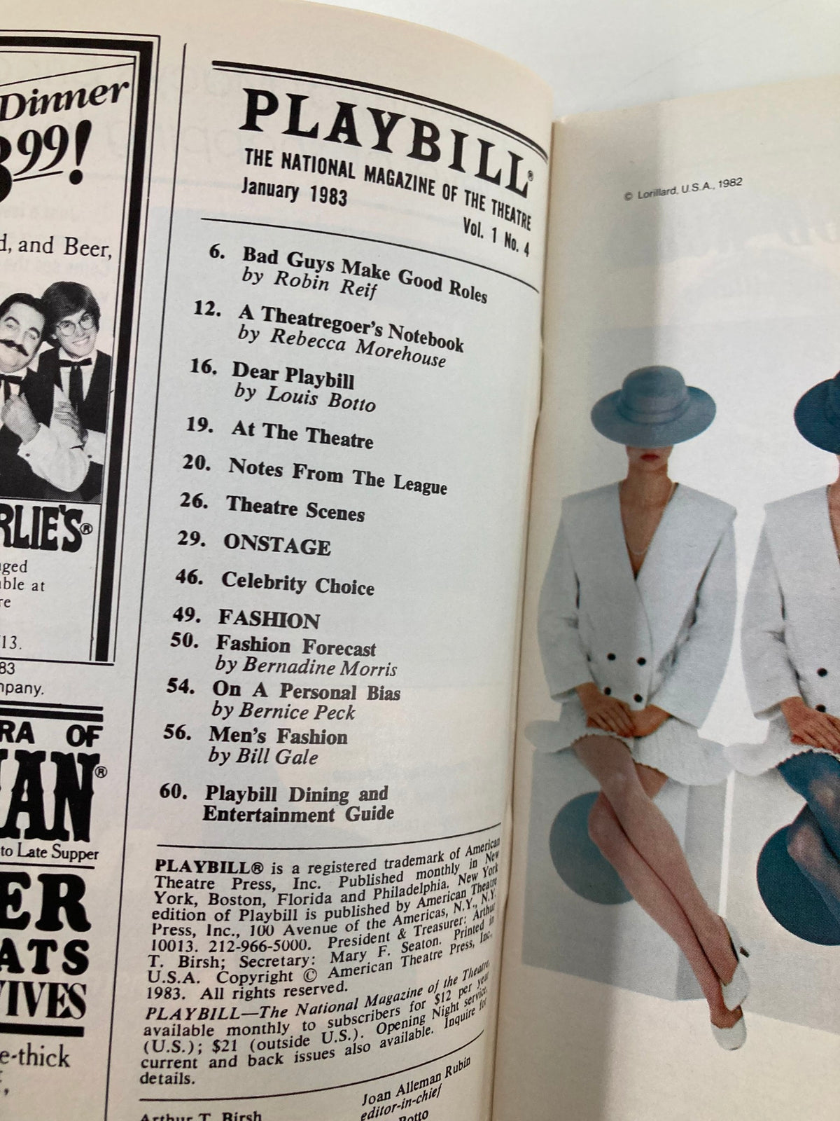 Inside page of the 1983 Playbill for Amadeus, showcasing various articles and listings related to theater events.