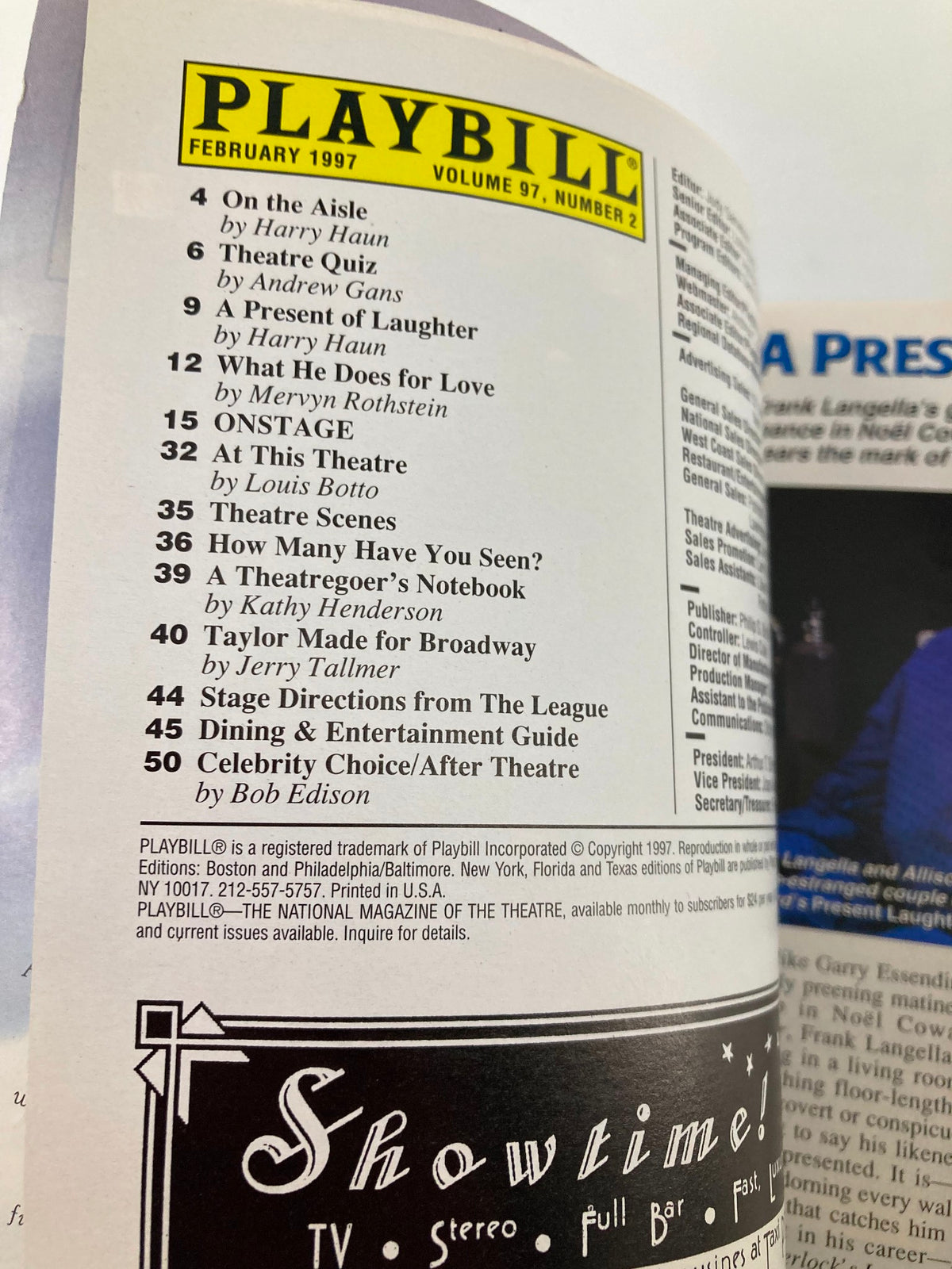 Inside page of the 1997 Playbill for Bring In 'Da Noise, Bring In 'Da Funk at the Ambassador Theatre, featuring the show details and contents of the Playbill.
