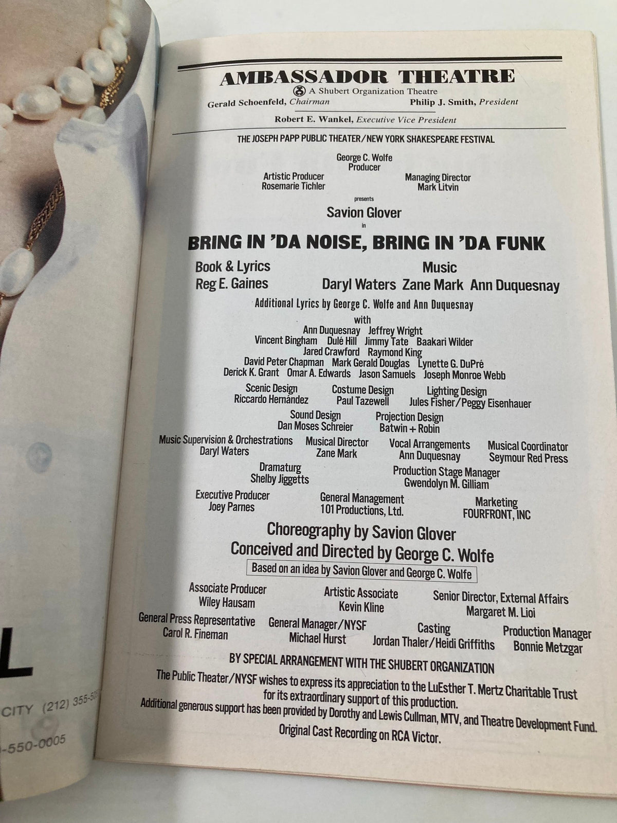 Another inner page of the 1997 Playbill for Bring In 'Da Noise, Bring In 'Da Funk, showcasing credits, lyrics, and acknowledgments for the production.