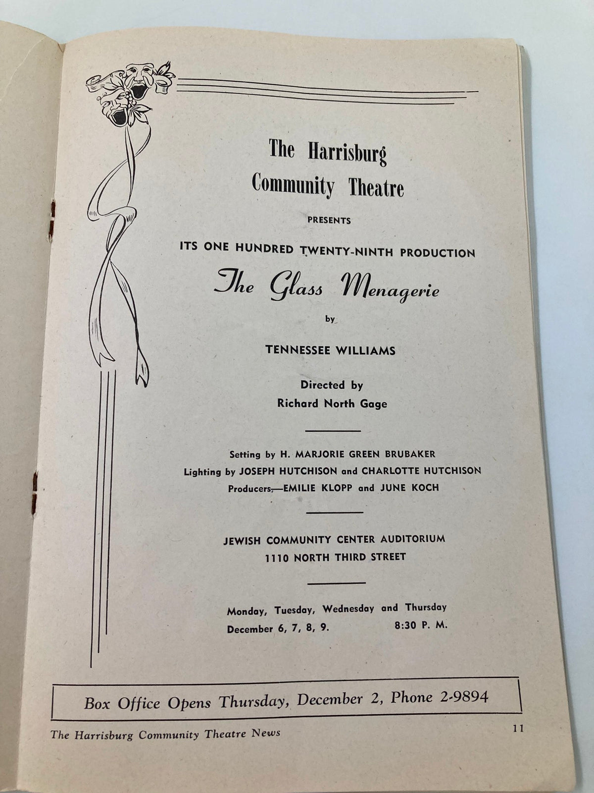 Inside page of the 1948 The Harrisburg Community Theatre Playbill for 'The Glass Menagerie' showcasing production information, directed by Richard North Gage.