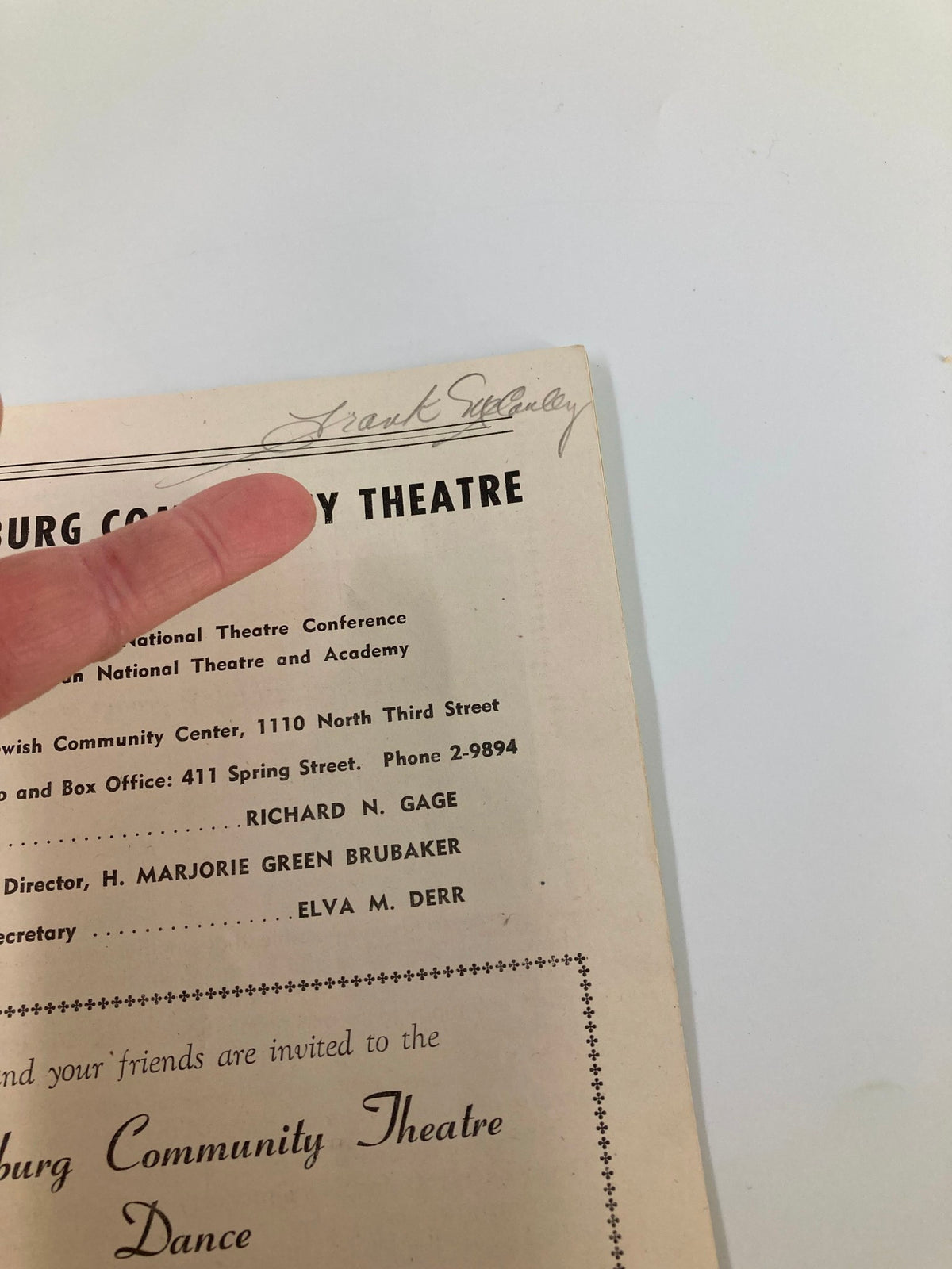 Signature and additional details from the 1949 Playbill of The Harrisburg Community Theatre's Boy Meets Girl, showcasing theatre staff information.