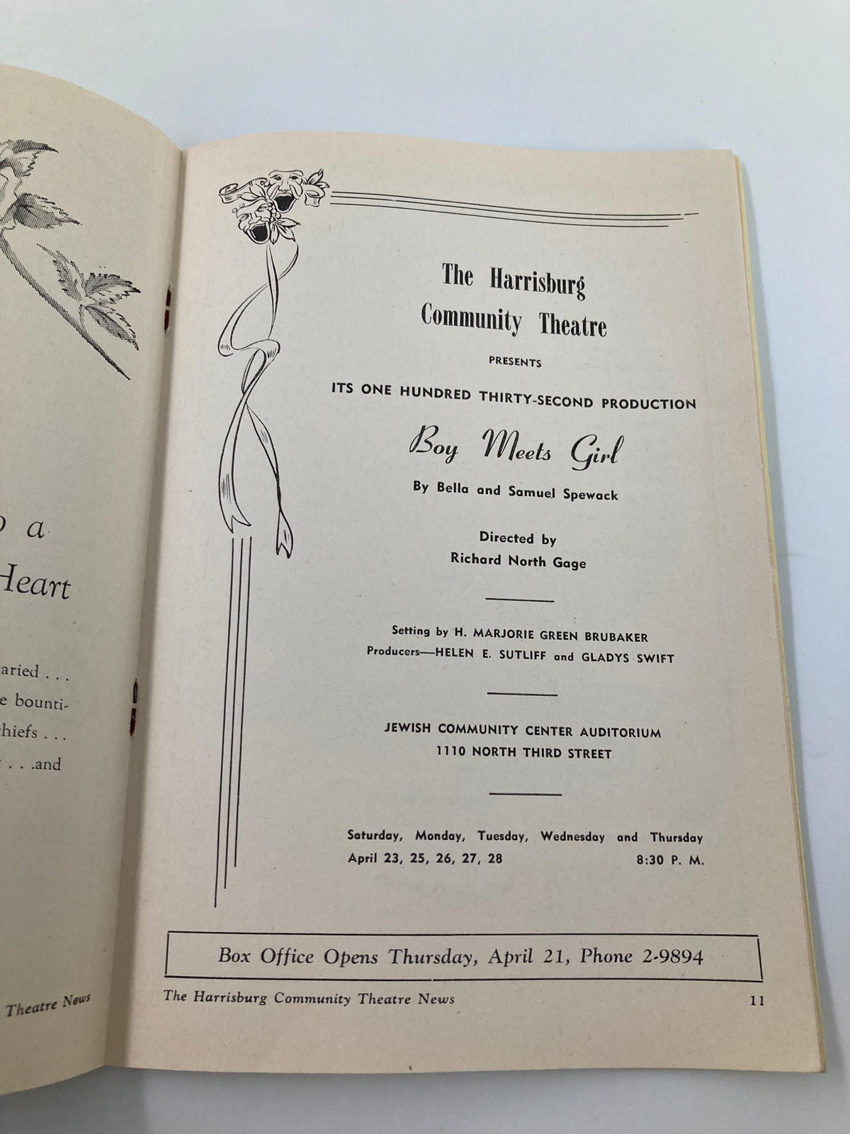 Interior page of the 1949 Playbill for 'Boy Meets Girl' by Bella and Samuel Spewack, presented by The Harrisburg Community Theatre. Featuring details about the production, including setting, director, and performance dates.