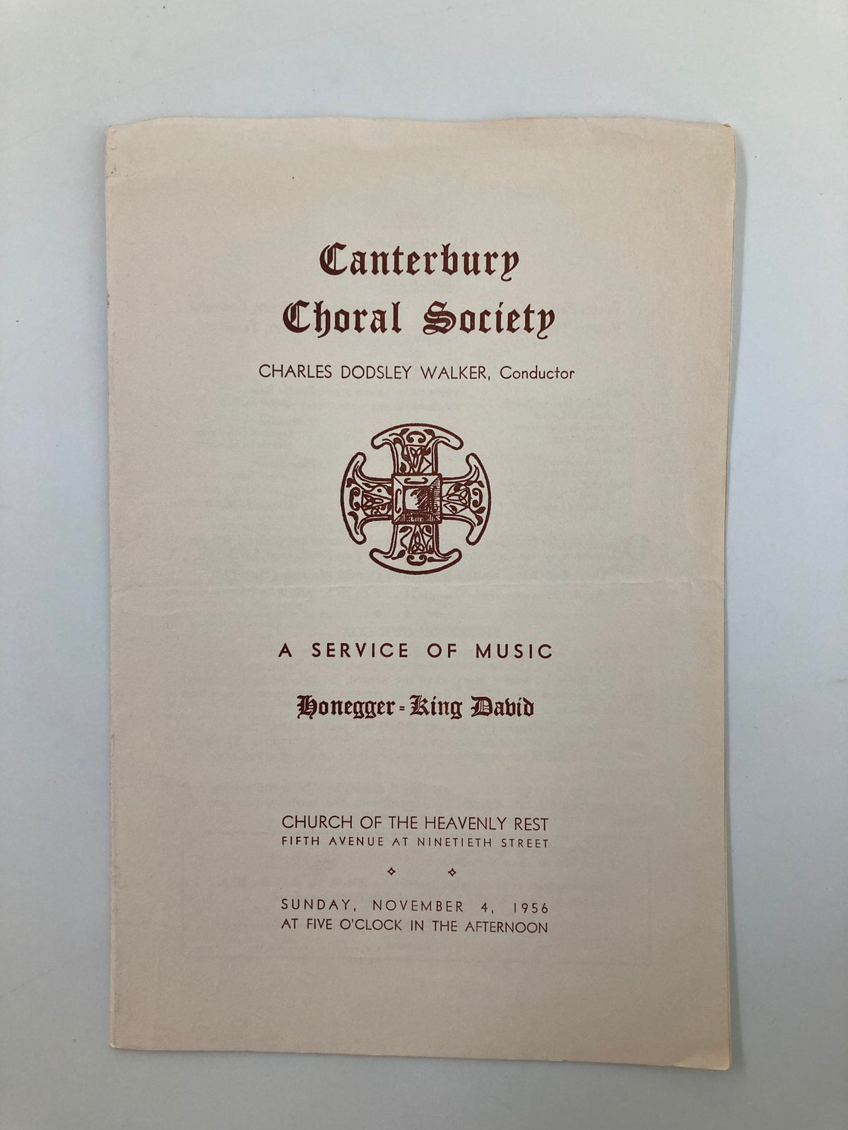 1956 Canterbury Choral Society King David performance program cover featuring conductor Charles Dodsley Walker, showcasing the historical music event at Church of the Heavenly Rest.