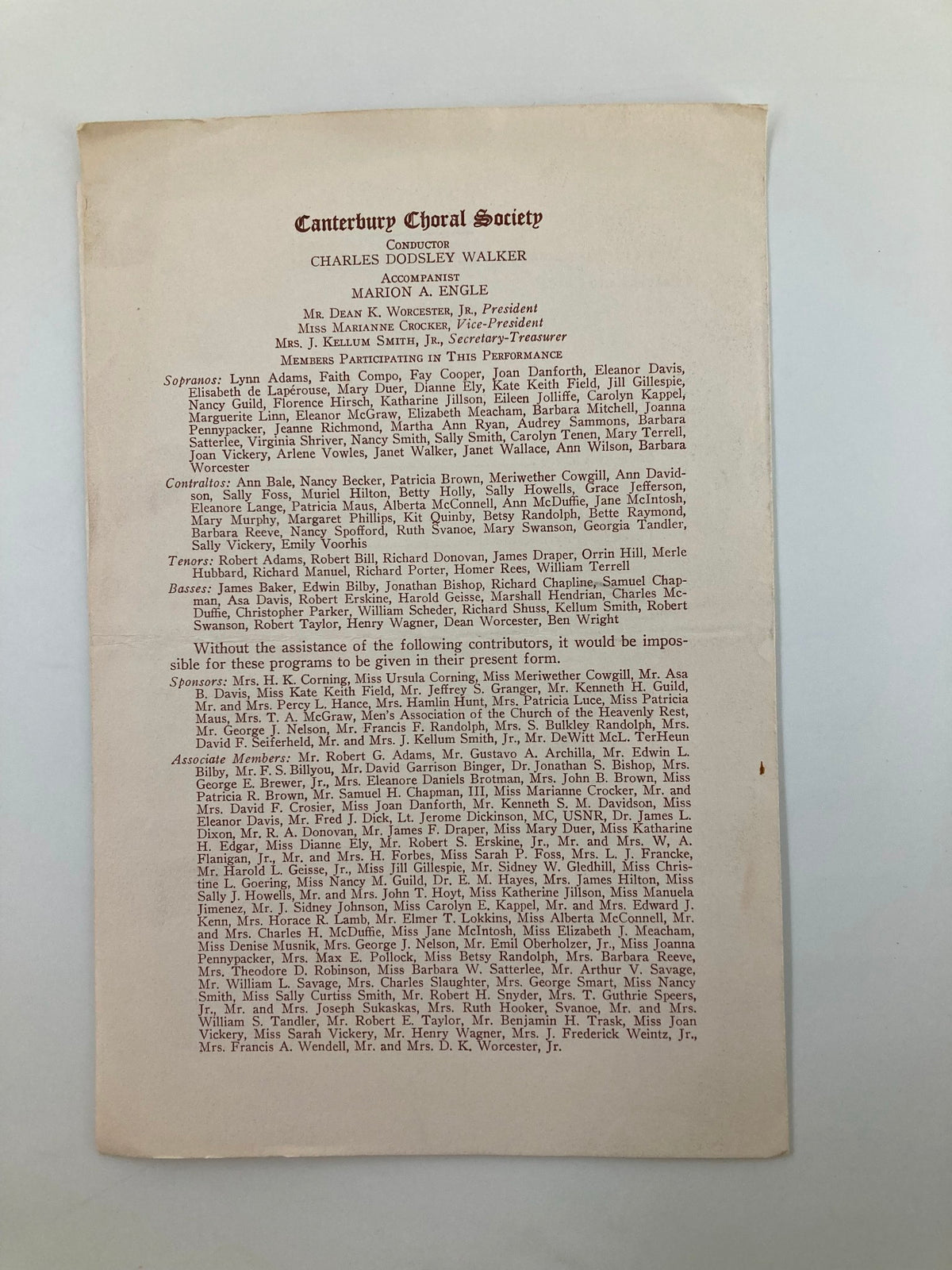 1956 Canterbury Choral Society King David Performance listing of participants, including conductors and choir members involved in the production of Arthur Honegger's symphonic psalm.