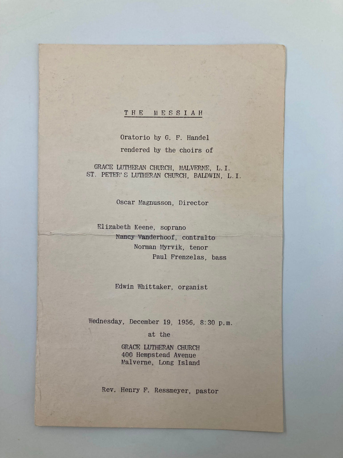 1956 Grace Lutheran Church Program The Messiah featuring cast information including Elizabeth Keene and Norman Myrvik.