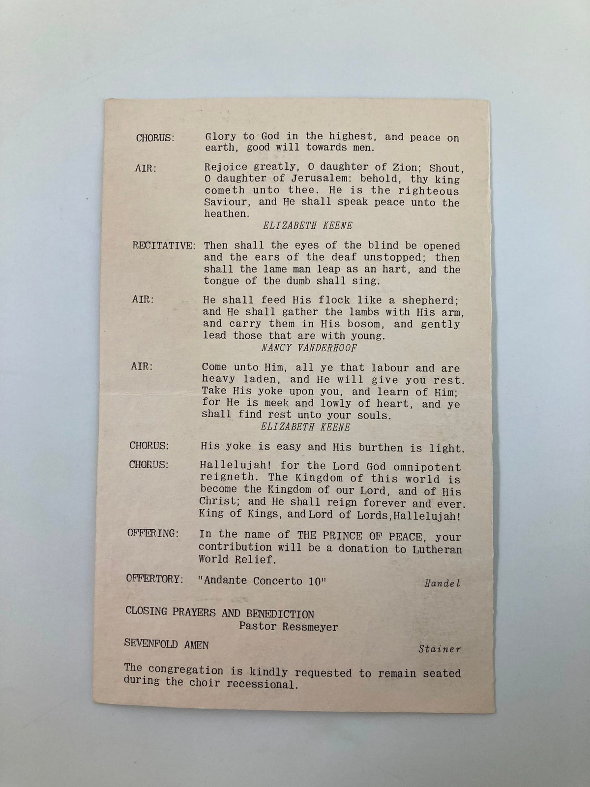 1956 Grace Lutheran Church Program for The Messiah featuring lyrics and sections by Elizabeth Keene and Nancy Vanderhoof, showcasing vintage design and musical heritage.