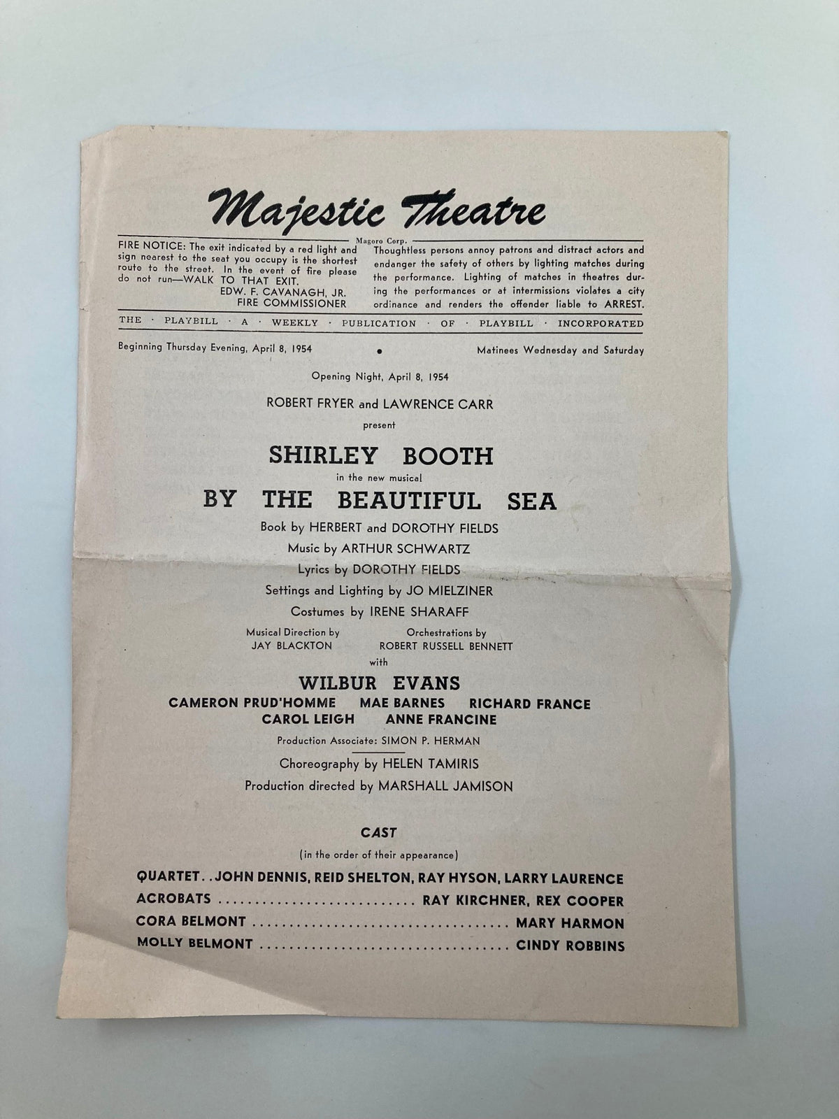 1954 Majestic Theatre By The Beautiful Sea playbill featuring Shirley Booth and Wilbur Evans, showcasing the details of the opening night on April 8, 1954.