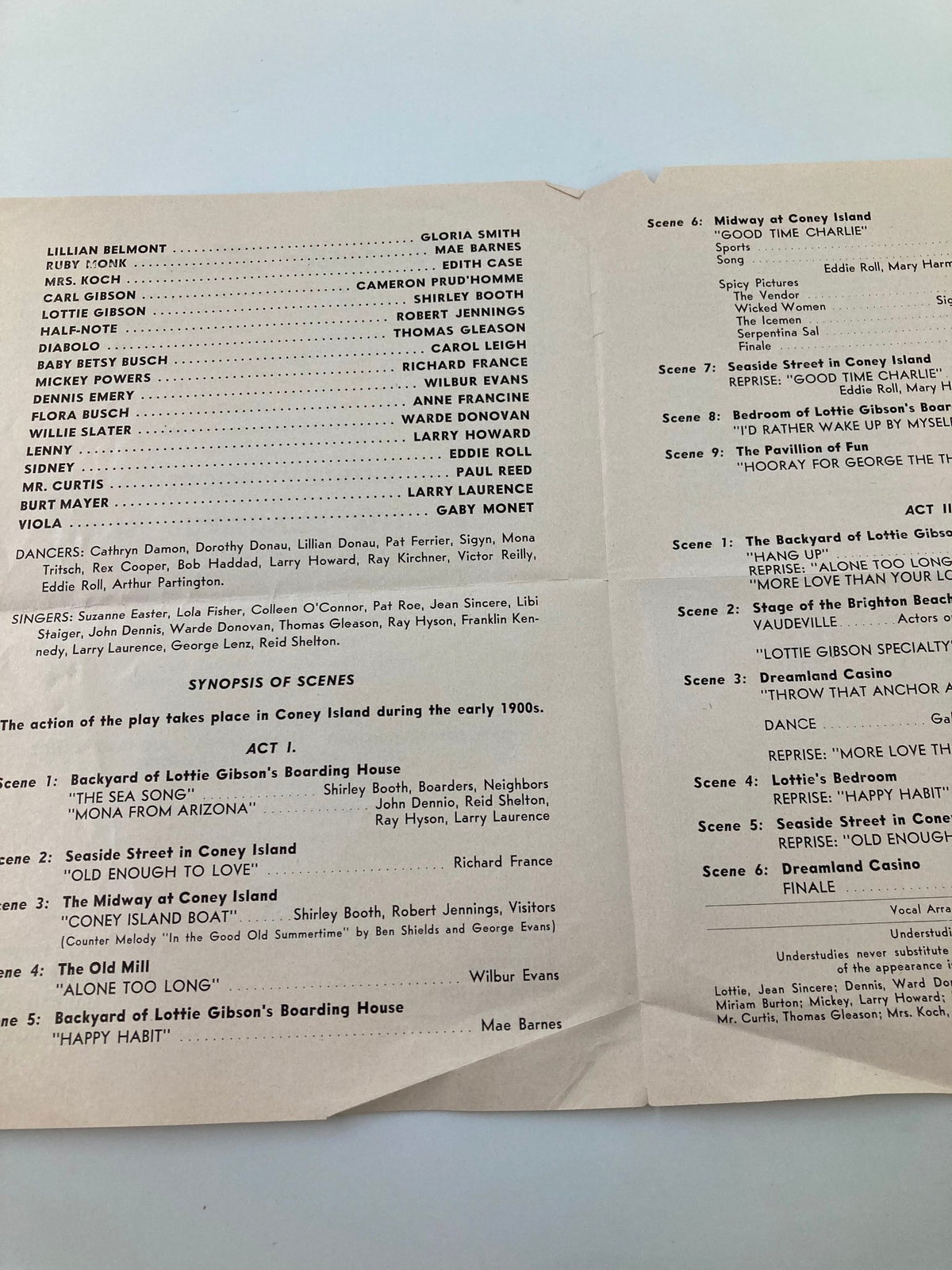 Inside view of the 1954 Majestic Theatre By The Beautiful Sea playbill, featuring scene synopsis and cast list including Shirley Booth and Wilbur Evans.
