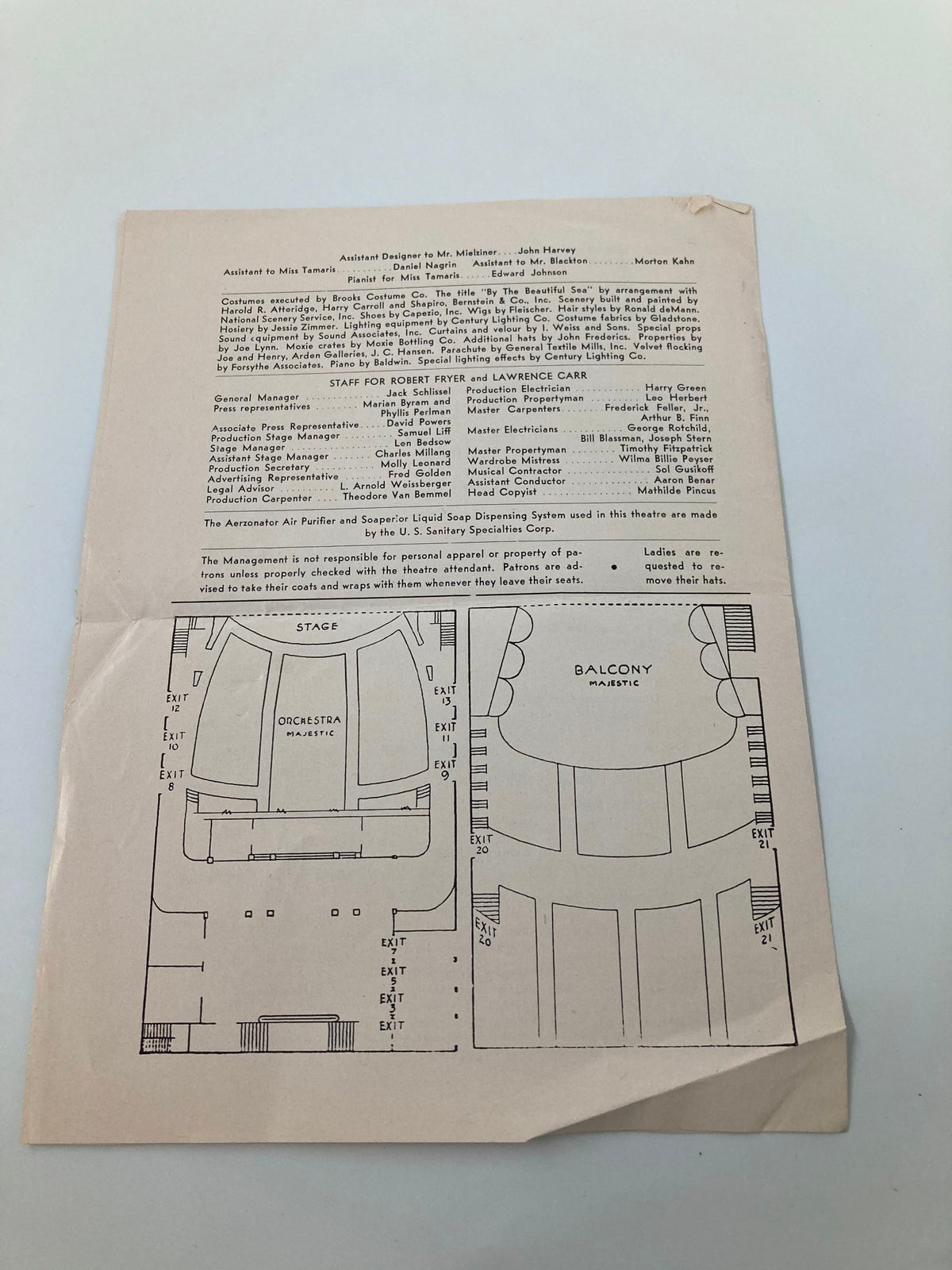 Back cover of the 1954 Majestic Theatre By The Beautiful Sea playbill, showcasing the theatre's layout and production staff details.
