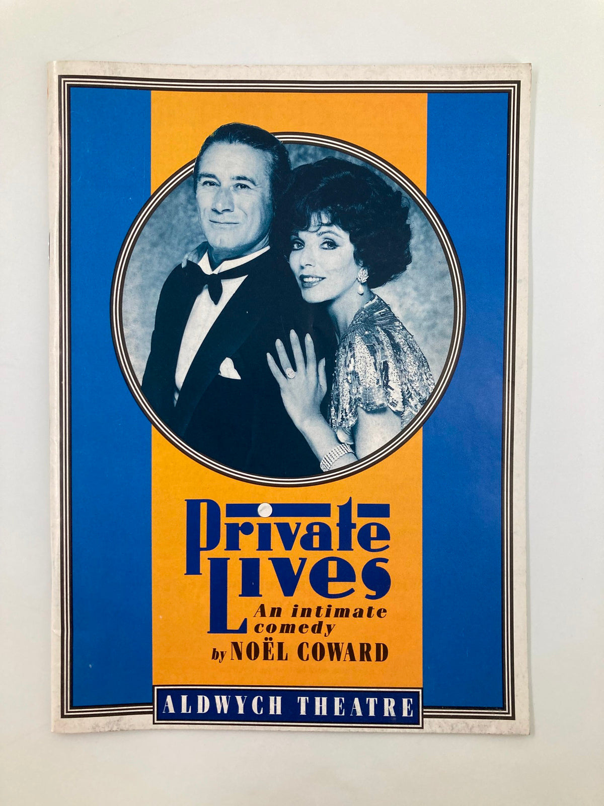 1990 Aldwych Theatre Private Lives playbill featuring Edward Duke and Sara Crowe, showcasing a vibrant design with an intimate comedy theme.