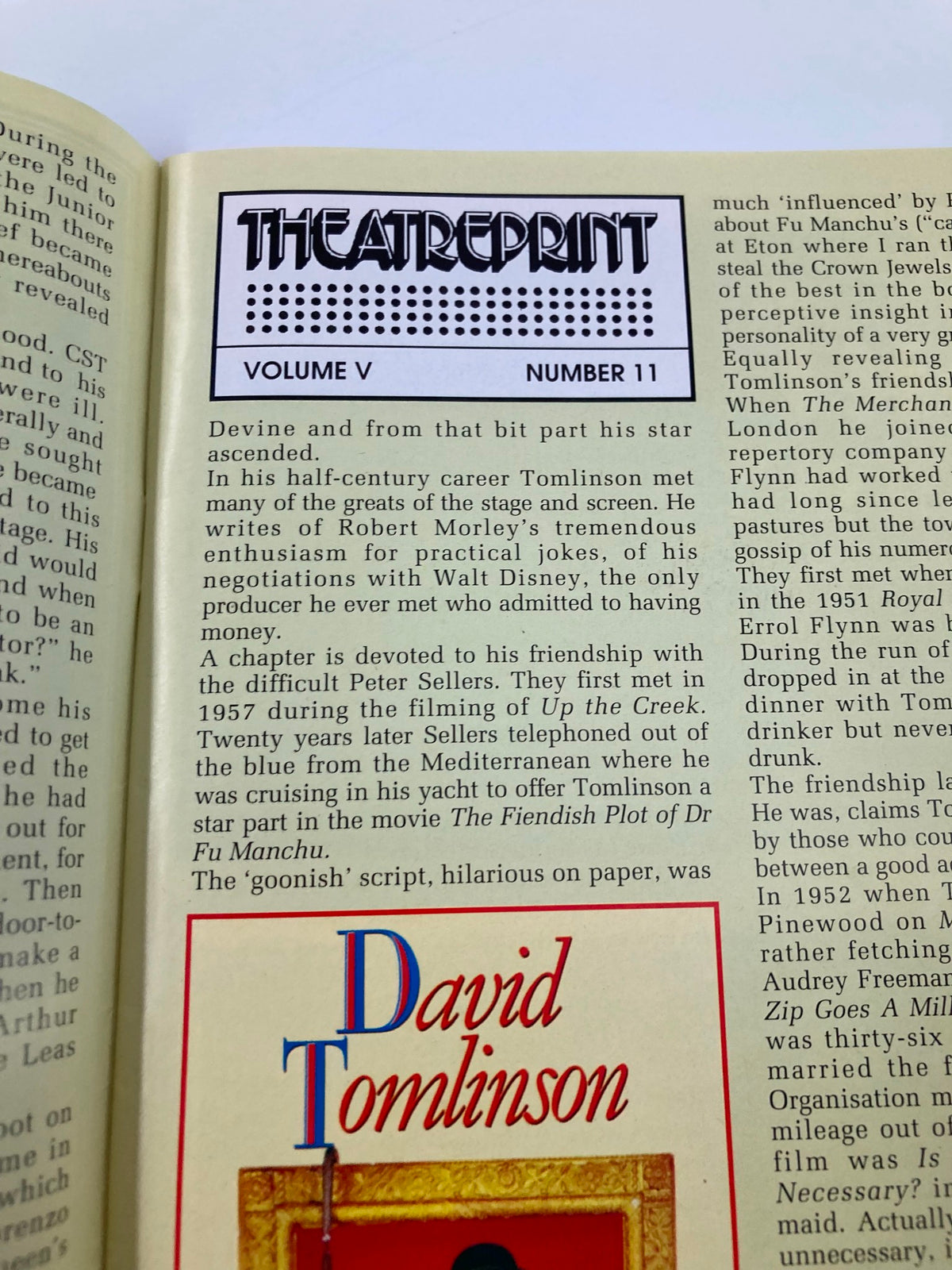 Theatreprint magazine page featuring an article on Peter Sellers, highlighting his career and achievements in film and theatre.