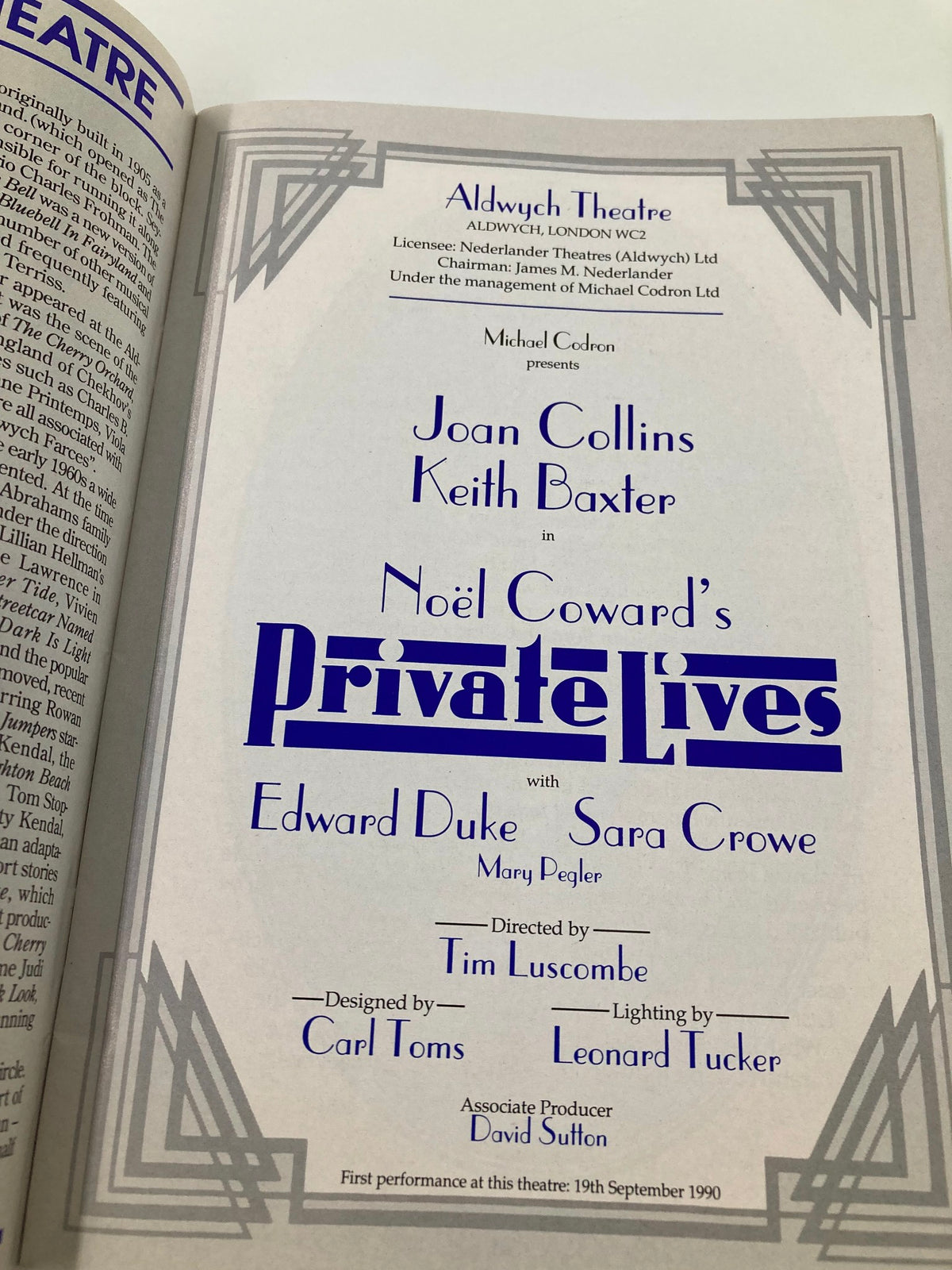 1990 Aldwych Theatre program for Private Lives by Noël Coward, starring Joan Collins and Keith Baxter, detailing the production's creative team.