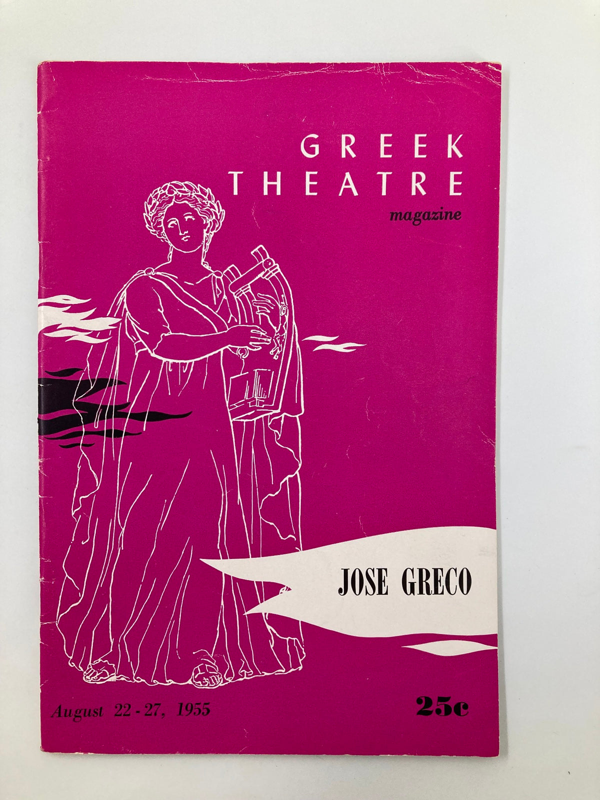 Cover of the 1955 Greek Theatre magazine featuring Jose Greco, showcasing a vibrant pink design with a classical figure and the title 'Greek Theatre' prominently displayed.