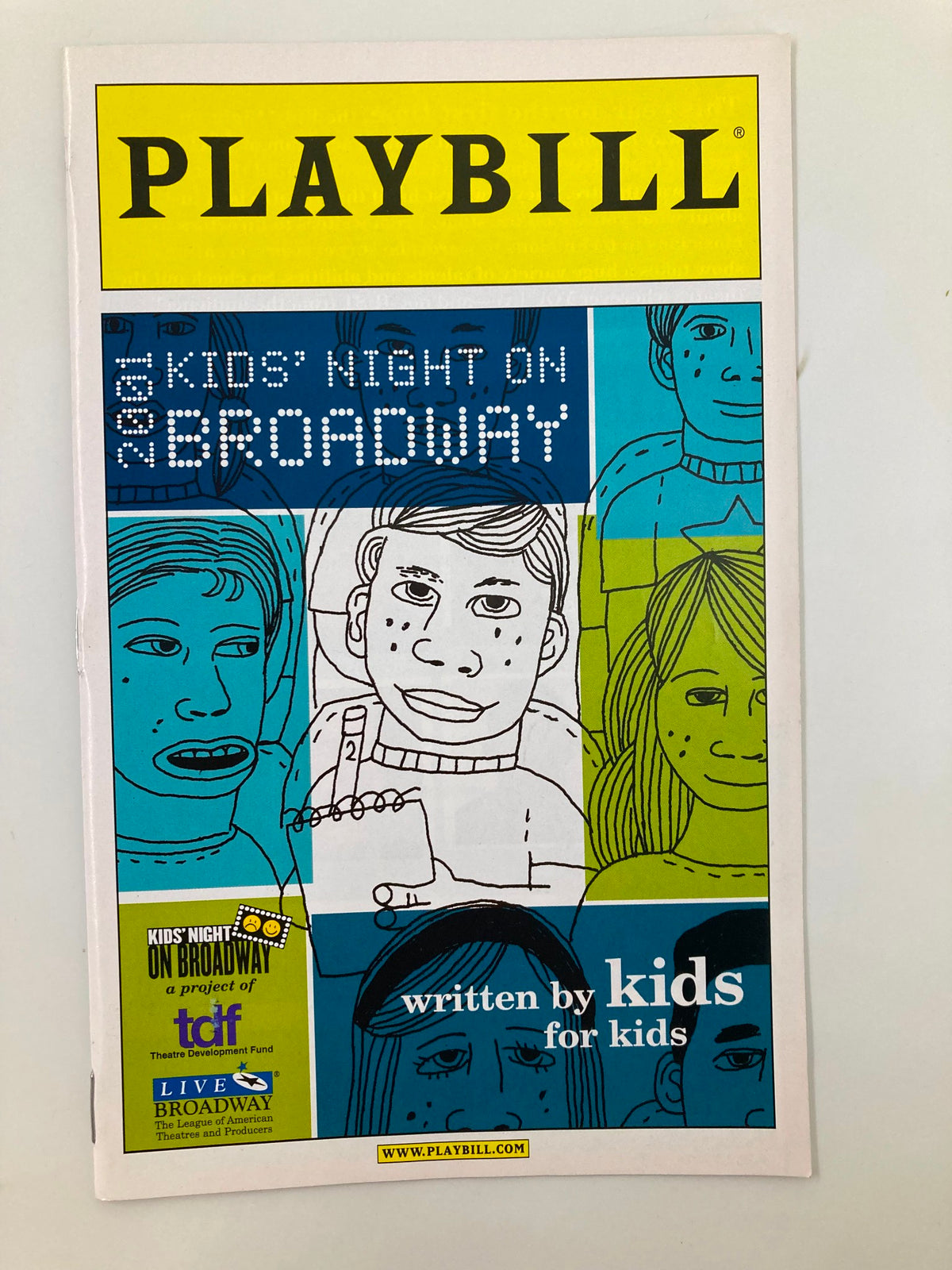 Cover of 2001 Playbill Kids' Night On Broadway featuring colorful illustrations and the title 'written by kids for kids'.
