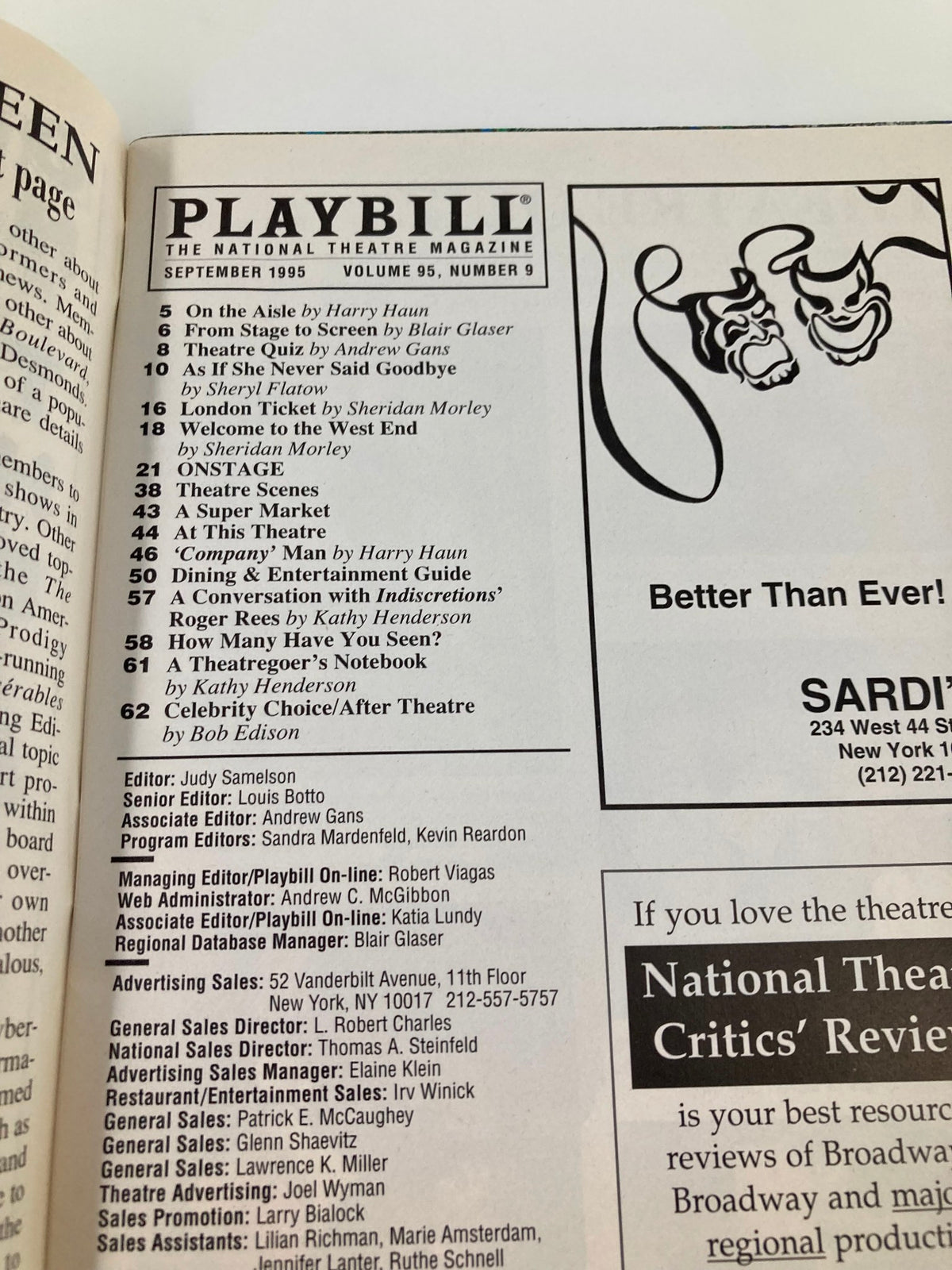 Interior page of the 1995 Playbill Criterion Center Stage Right showing the September 1995 features and theatre articles.