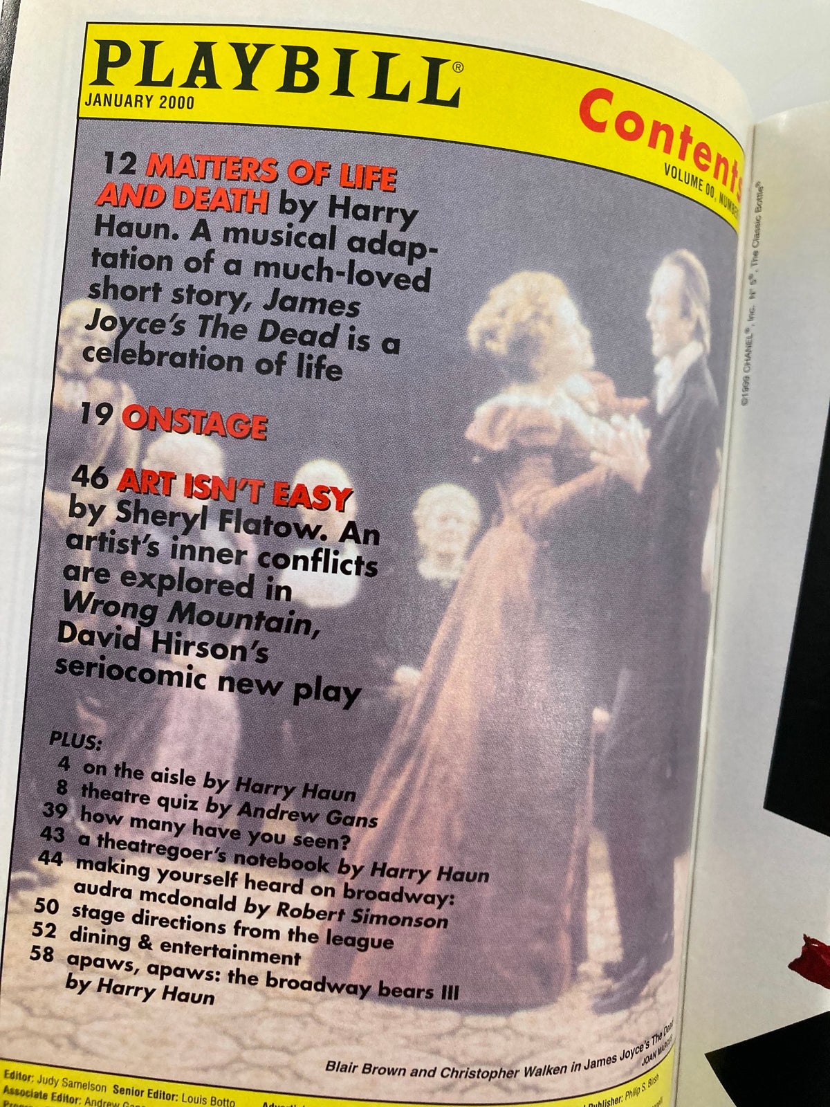 Inside page of the 2000 Playbill for Waiting in the Wings, highlighting content details and ads from the January 2000 edition.
