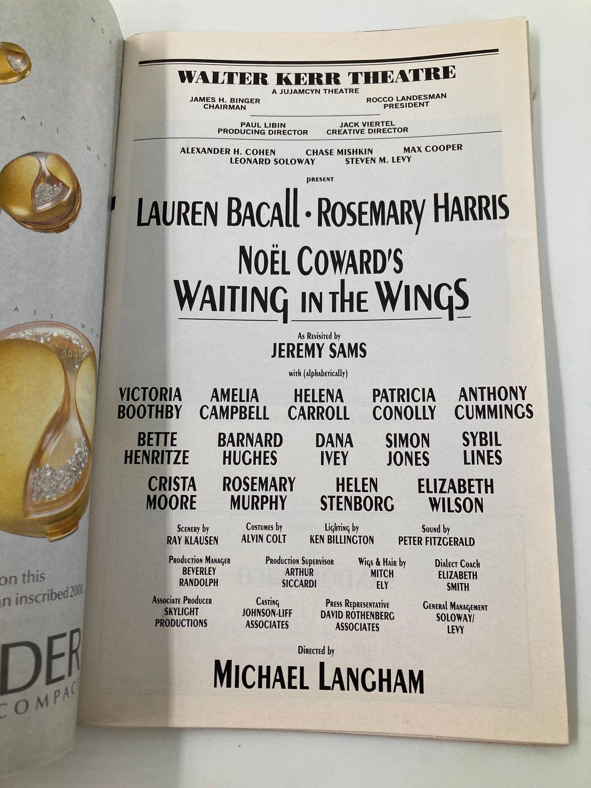 Cast page of the 2000 Playbill for Waiting in the Wings at Walter Kerr Theatre, listing the talented ensemble and production credits.