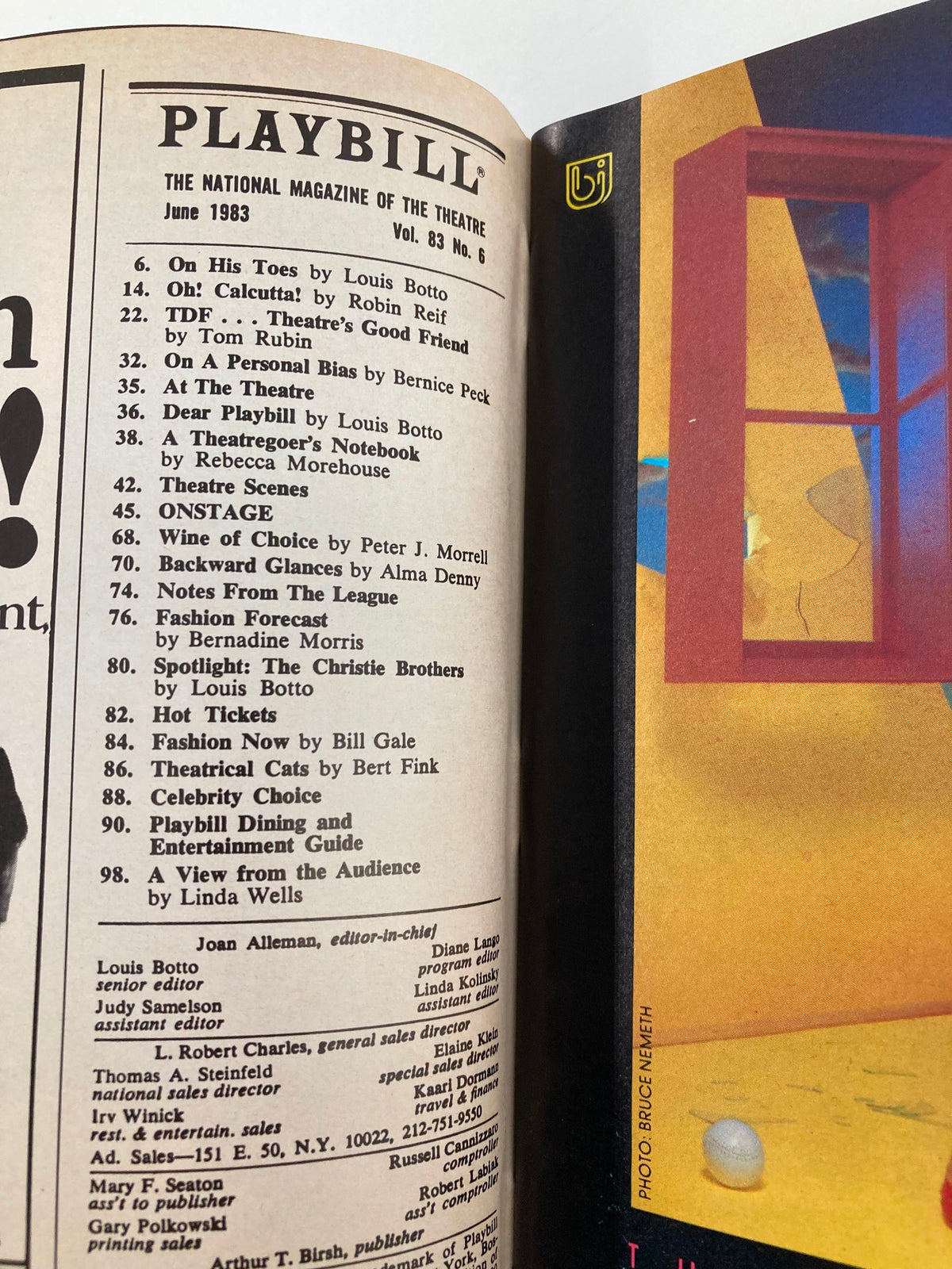 Inside page of the 1983 Playbill for 'Night Mother' showcasing a list of articles and advertisements related to theater and performances.