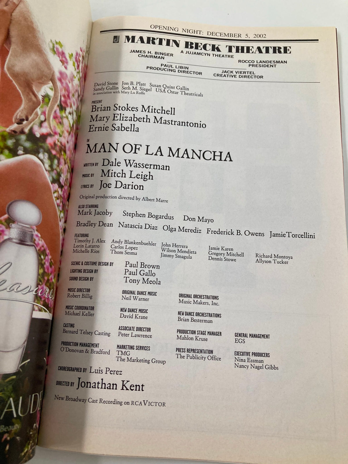 Cast and crew listing page from the December 5, 2002 opening night program of Man of La Mancha at Martin Beck Theatre.