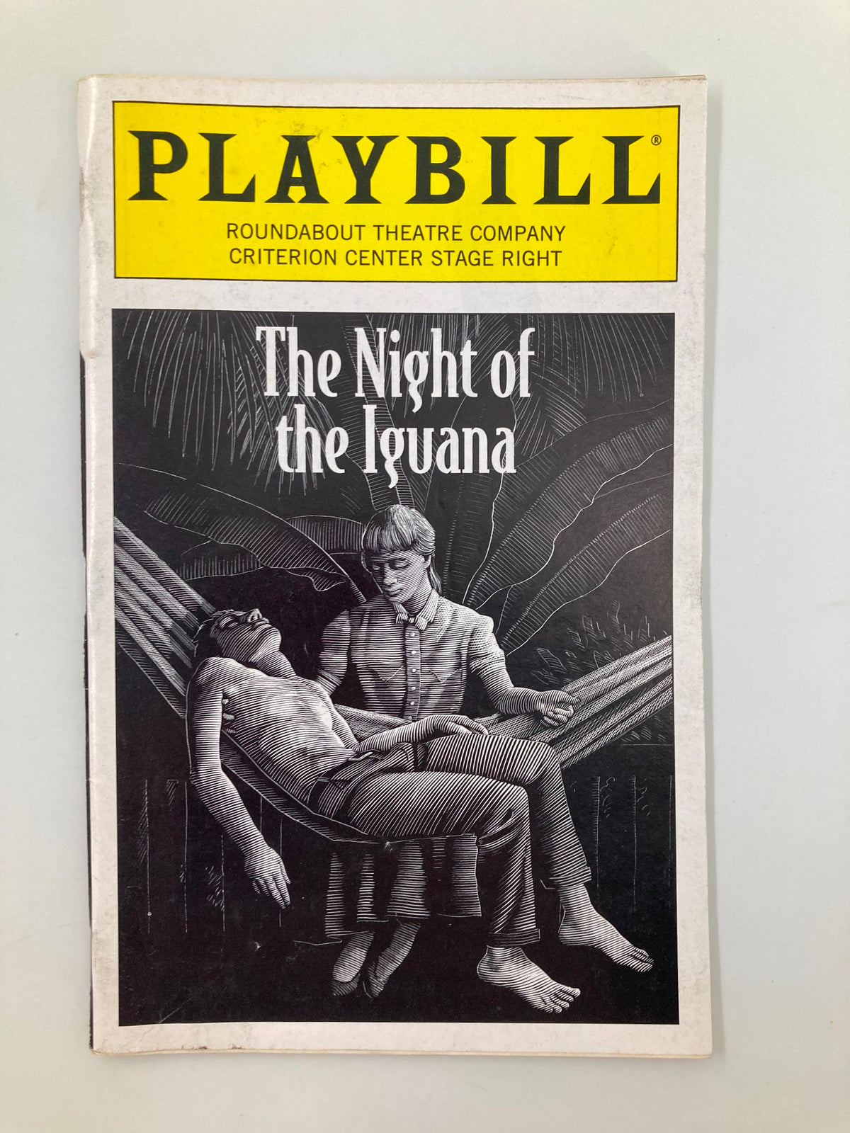 1996 Playbill for The Night of the Iguana from the Criterion Center Stage Right production, featuring a striking black and white cover illustration.