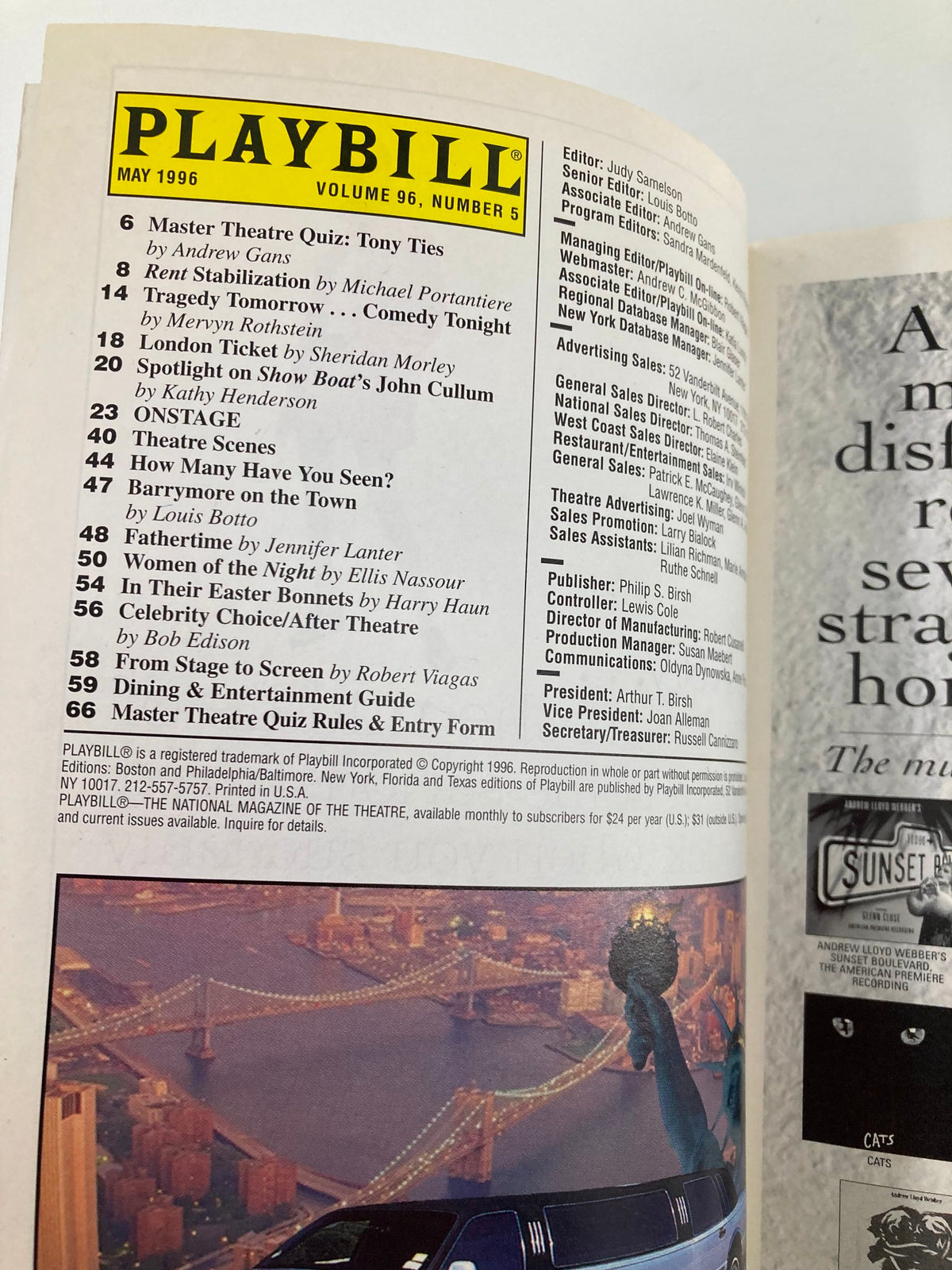Interior page of the 1996 Playbill for The Night of the Iguana, showcasing the table of contents and various theater features.