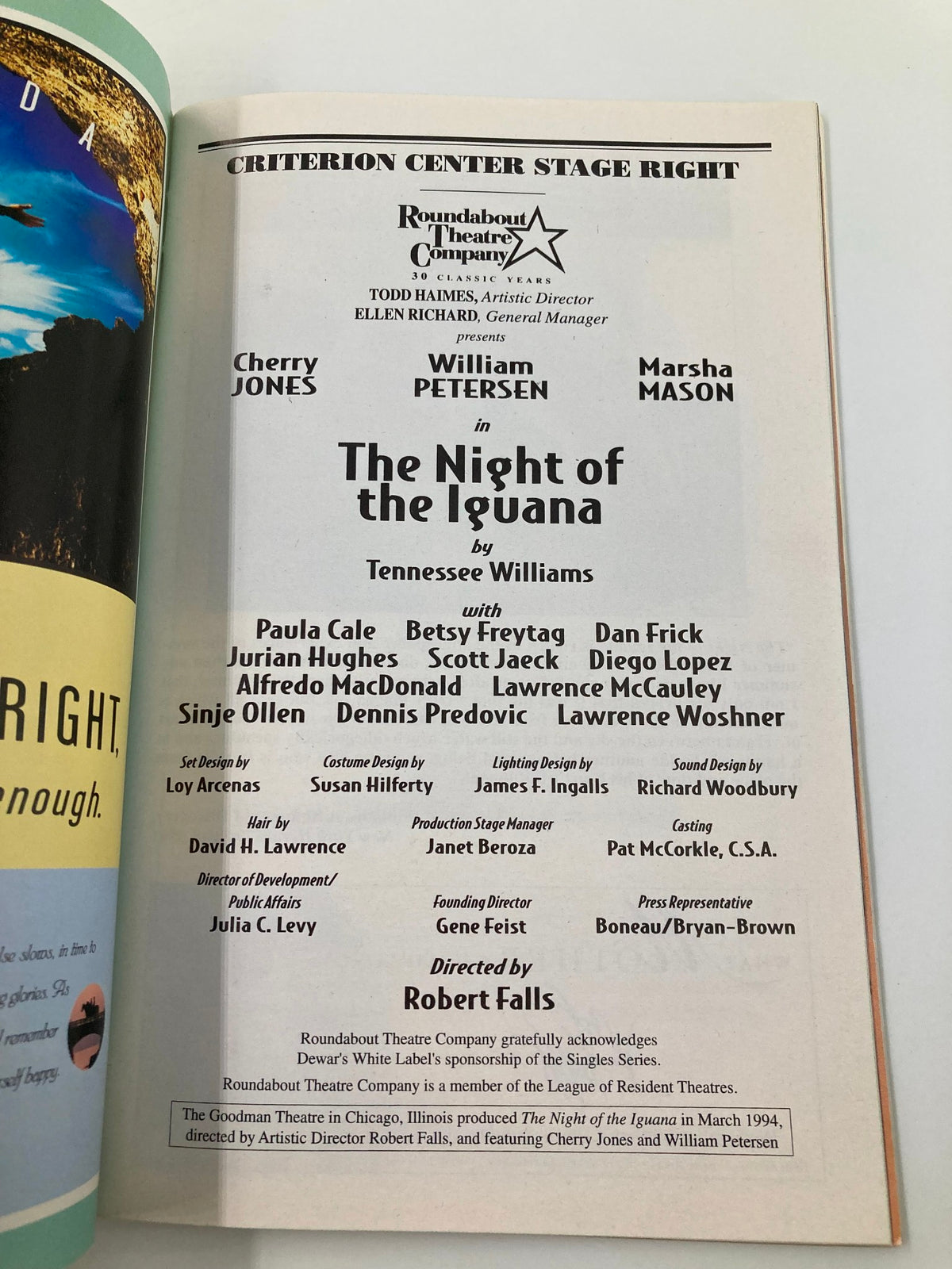 1996 Playbill from The Night of the Iguana at the Criterion Center Stage Right, featuring cast members Paula Cale and others, showcasing dramatic artistry in theater.