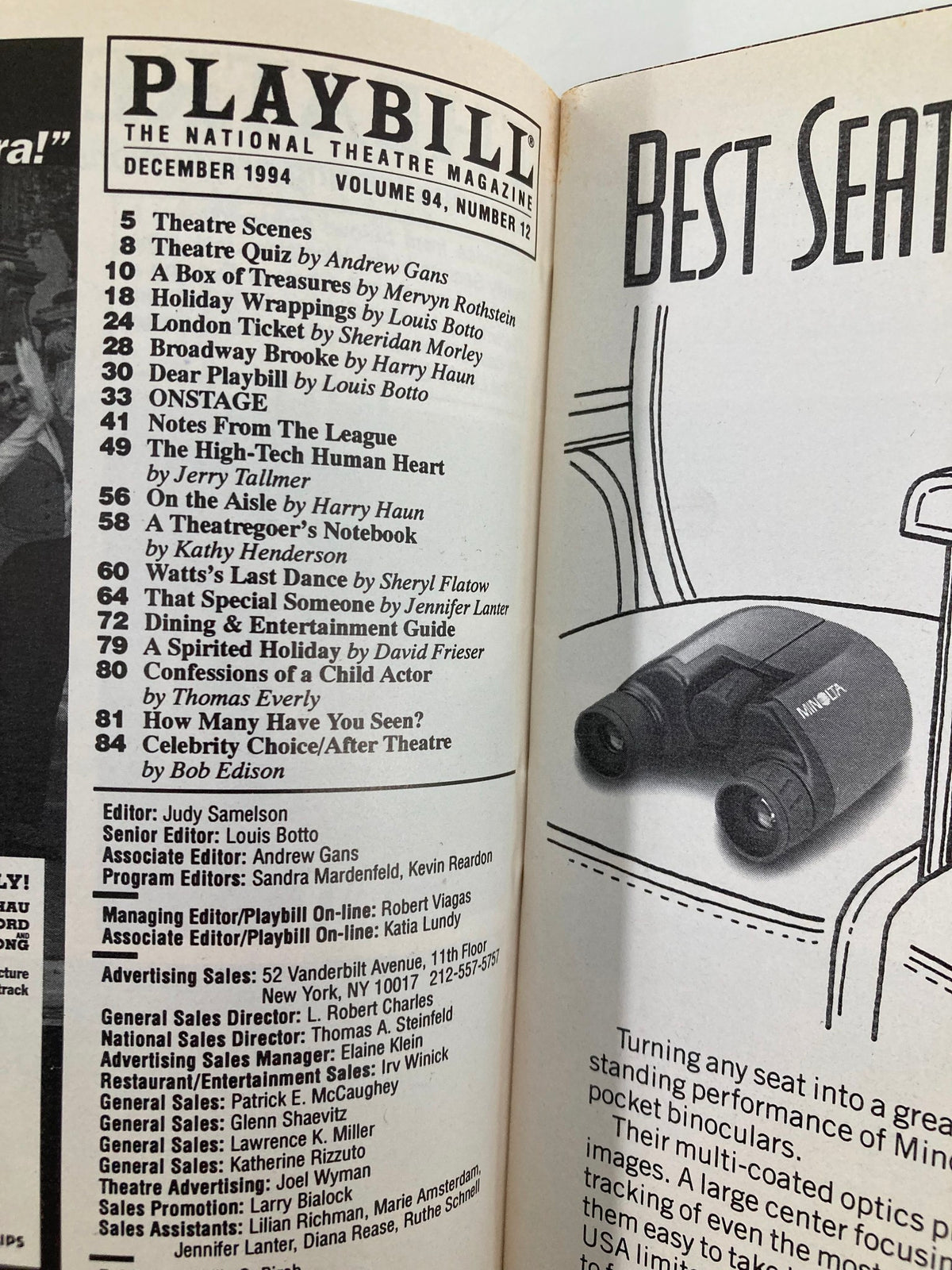Inside view of the December 1994 Playbill featuring sections on theater scenes and best seats, associated with the play Vita & Virginia starring Vanessa Redgrave and Eileen Atkins.
