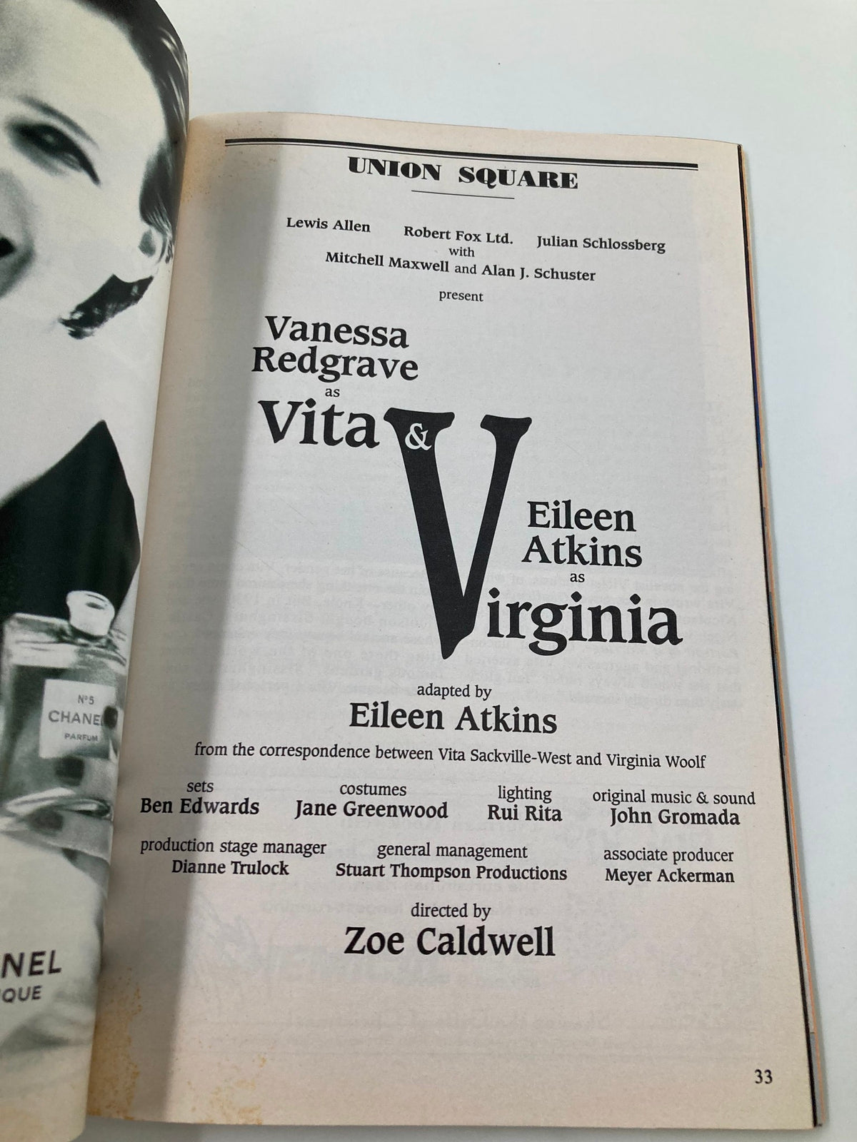 Page from the December 1994 Playbill showing Vanessa Redgrave and Eileen Atkins in the play Vita & Virginia, detailing their characters and the production information.