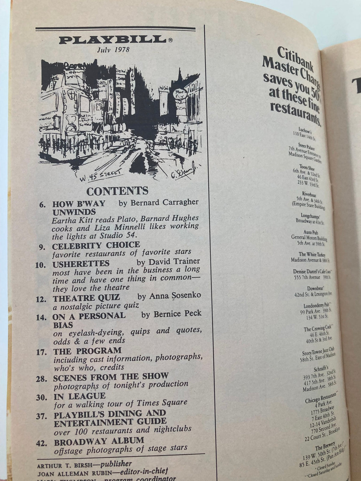 1978 Playbill The Morosco Theatre 'Da' featuring the table of contents page with various sections and listings.