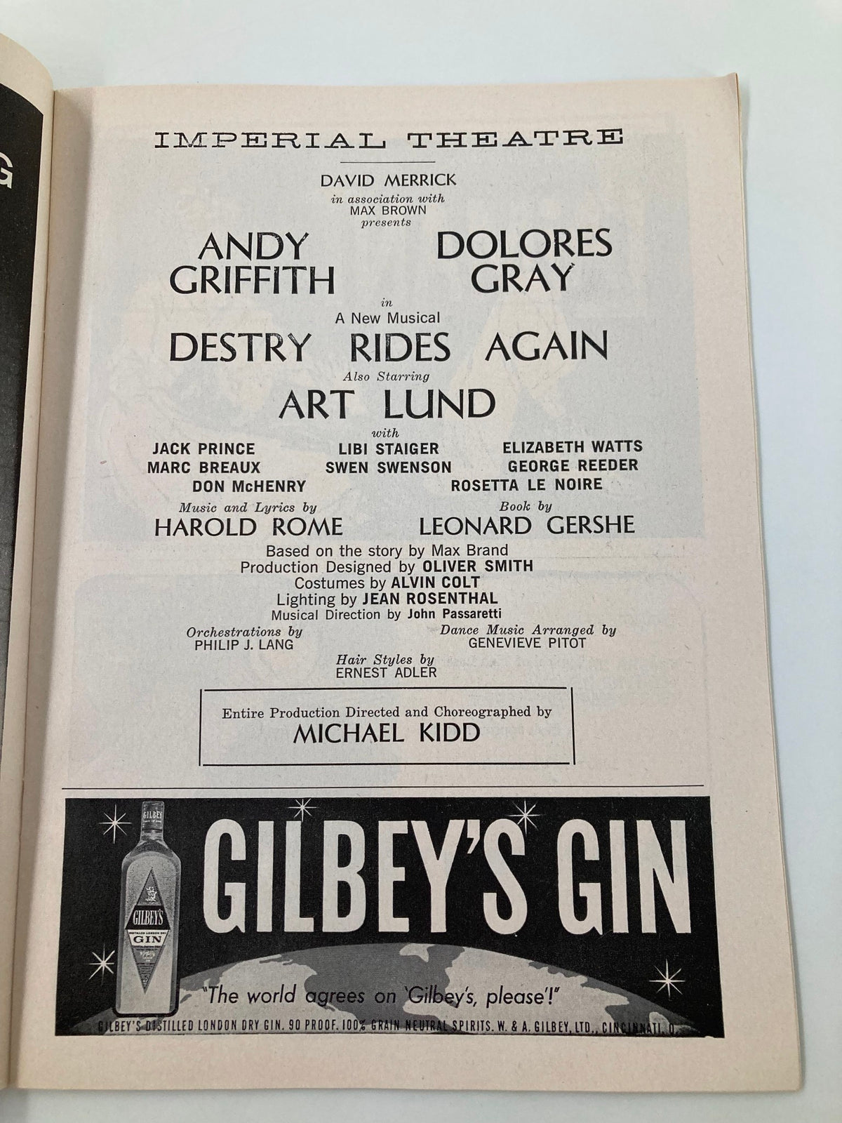 Credits page from the 1959 Playbill for Destry Rides Again, listing cast members including Andy Griffith and Art Lund at the Imperial Theatre.