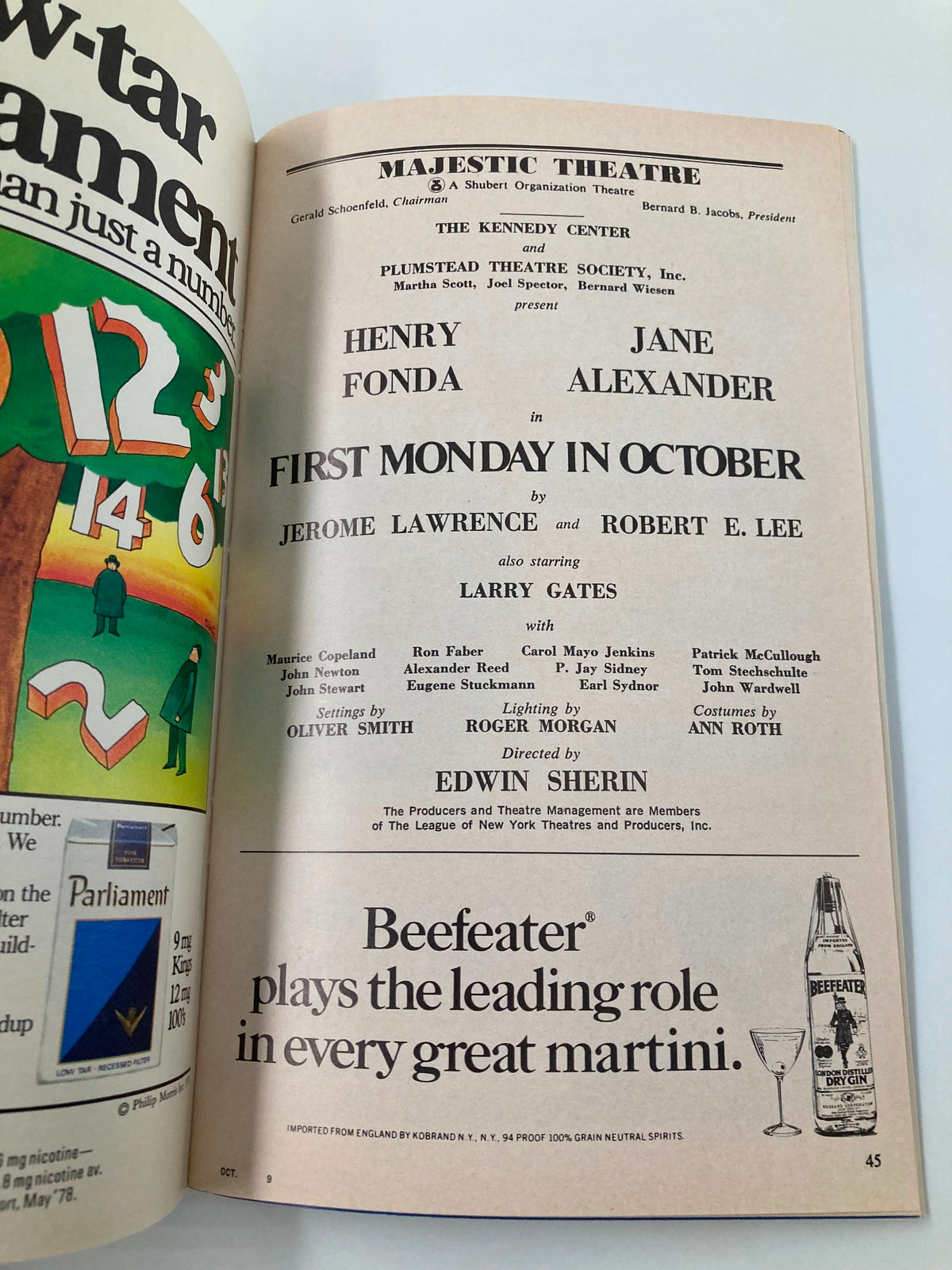 Second interior page from the October 1978 Playbill for 'First Monday in October' showcasing the cast including Henry Fonda and Jane Alexander, along with production details.