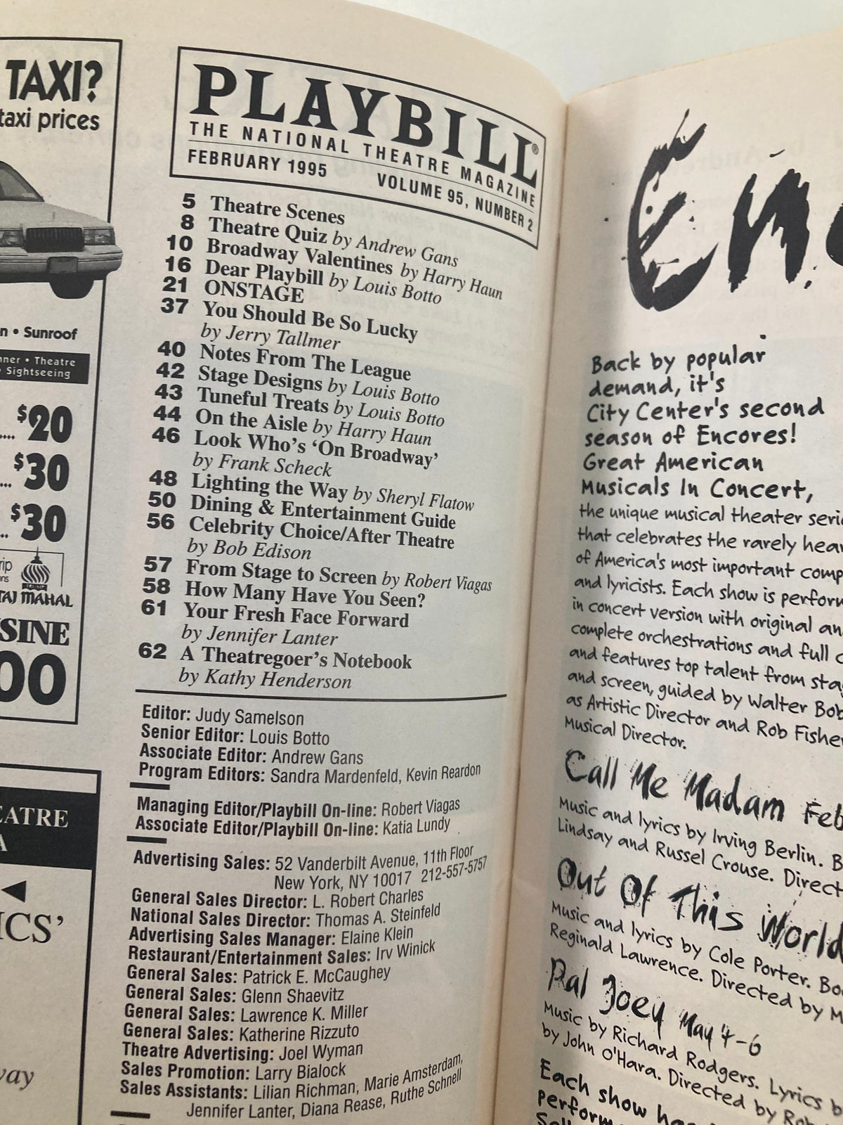 Inside page of the 1995 Playbill from the Orpheum Theatre showing the table of contents for February 1995, including various theatrical listings.