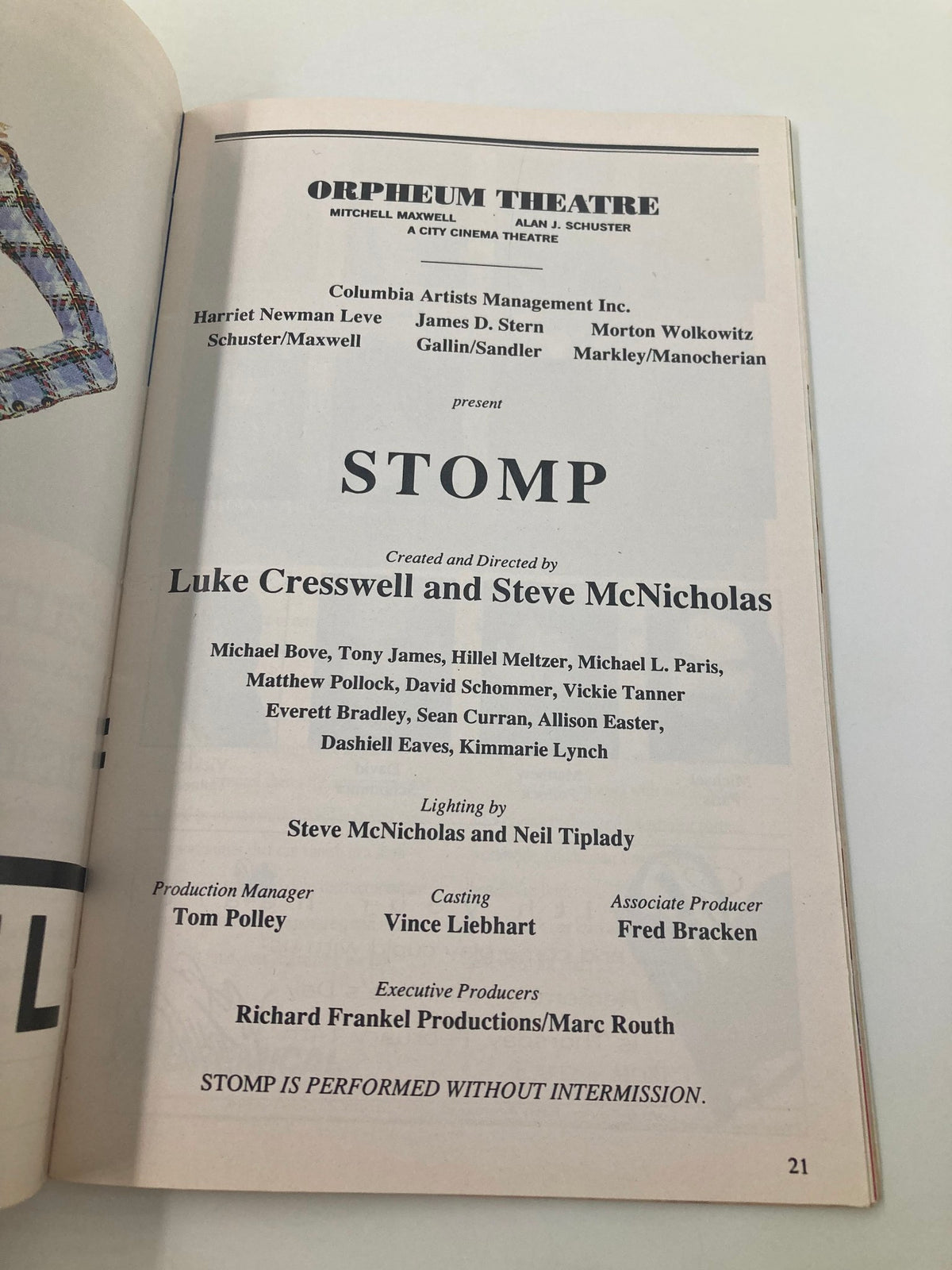 Page in the 1995 Playbill for the Orpheum Theatre's Stomp, detailing the production team including director Luke Cresswell and Steve McNicholas.