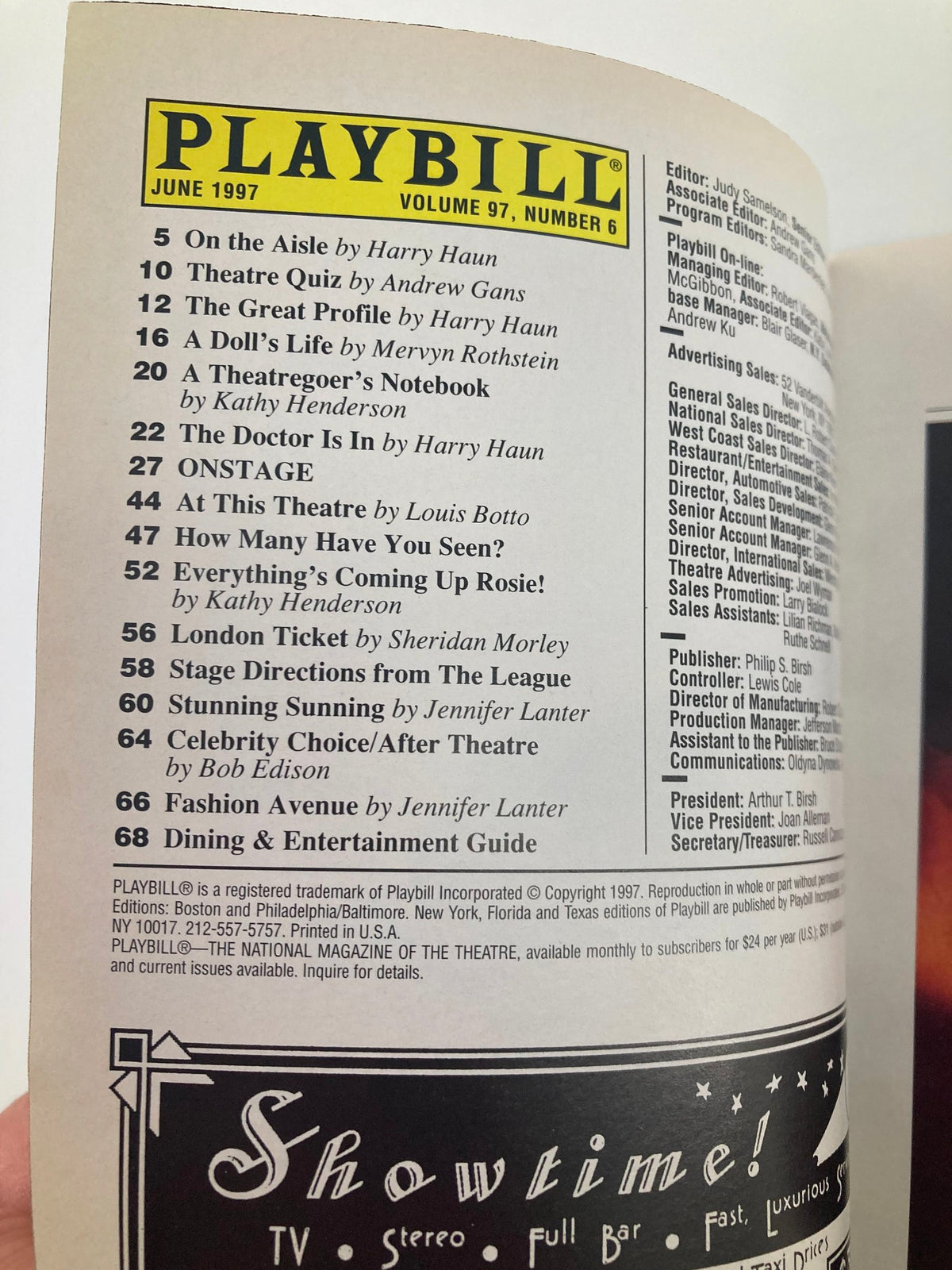 Interior page of the 1997 Playbill for Candide, featuring theater listings and articles from June 1997.