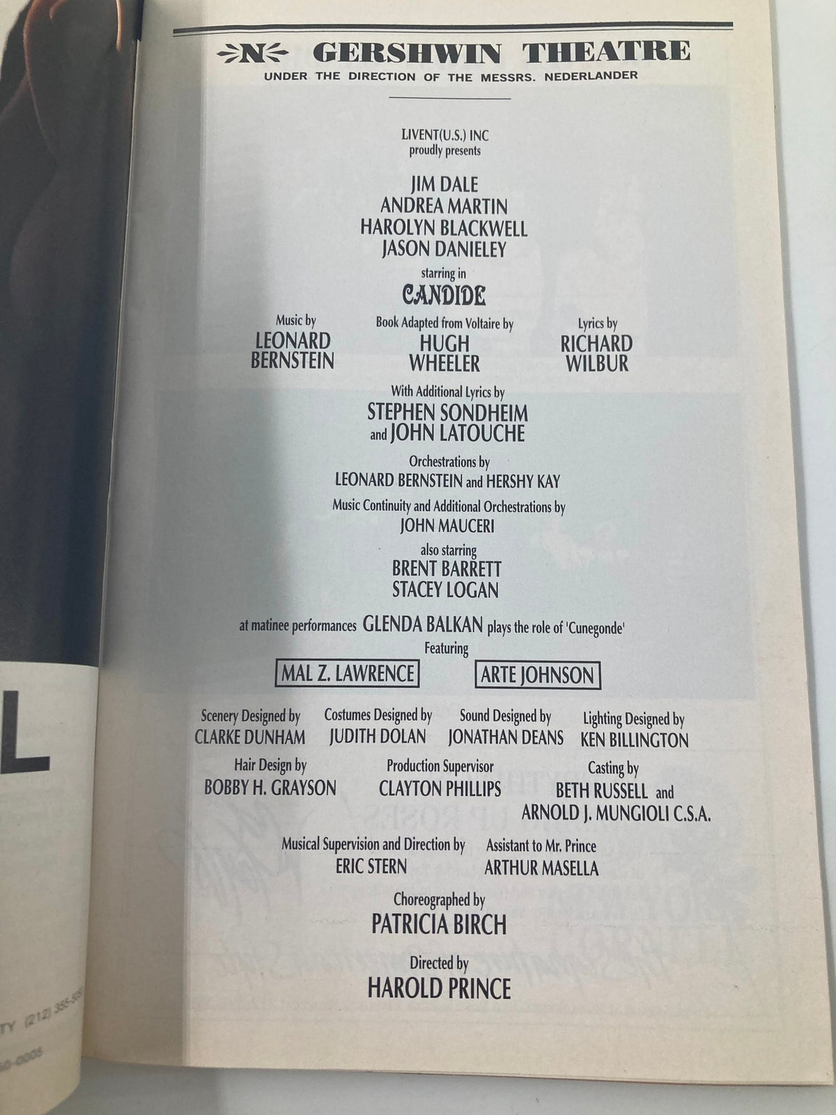 Second interior page of the 1997 Playbill for Candide, showcasing the cast and crew credits for the production at the Gershwin Theatre.