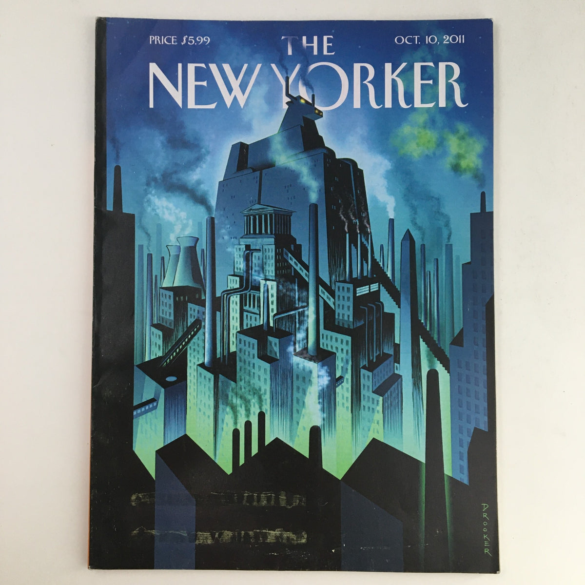 The New Yorker October 10 2011 Full Magazine Theme Cover by Eric Drooker featuring an artistic cityscape with towering buildings and a nighttime blue-green color palette.