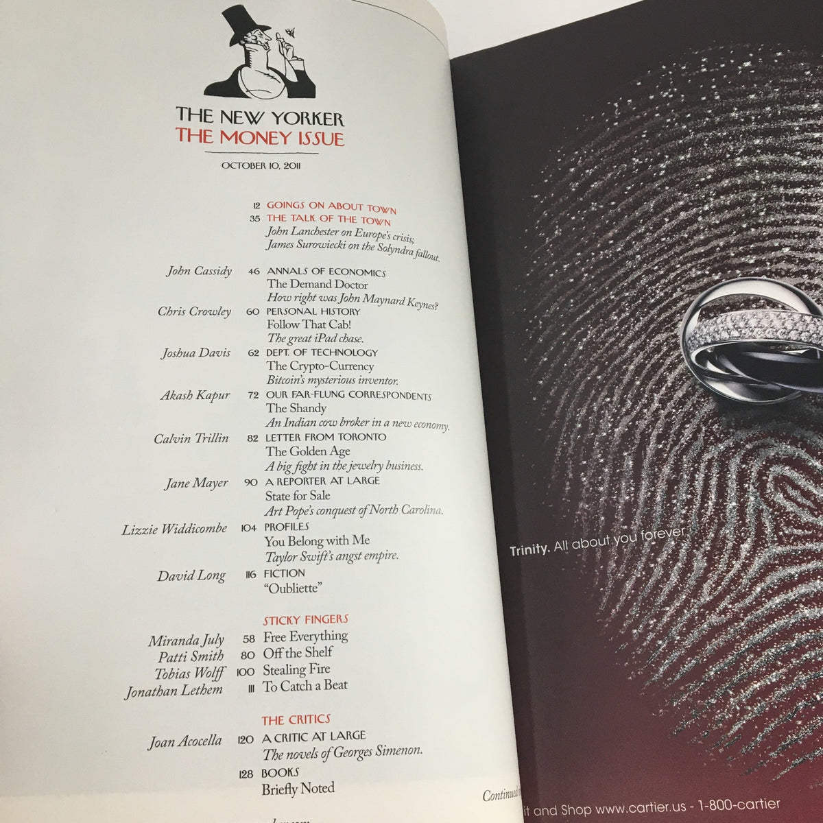 Interior page from The New Yorker October 10 2011, titled 'The Money Issue,' showcasing articles and contributors in a stylish format.