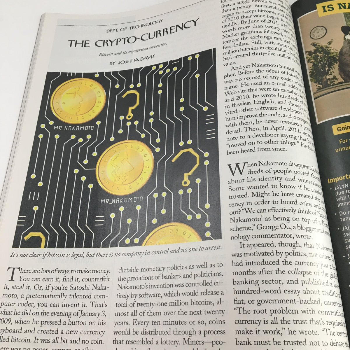 Illustration from The New Yorker October 10 2011 Full Magazine Theme Cover by Eric Drooker, featuring visual elements related to cryptocurrency and technology, highlighting Bitcoin and its decentralized nature.