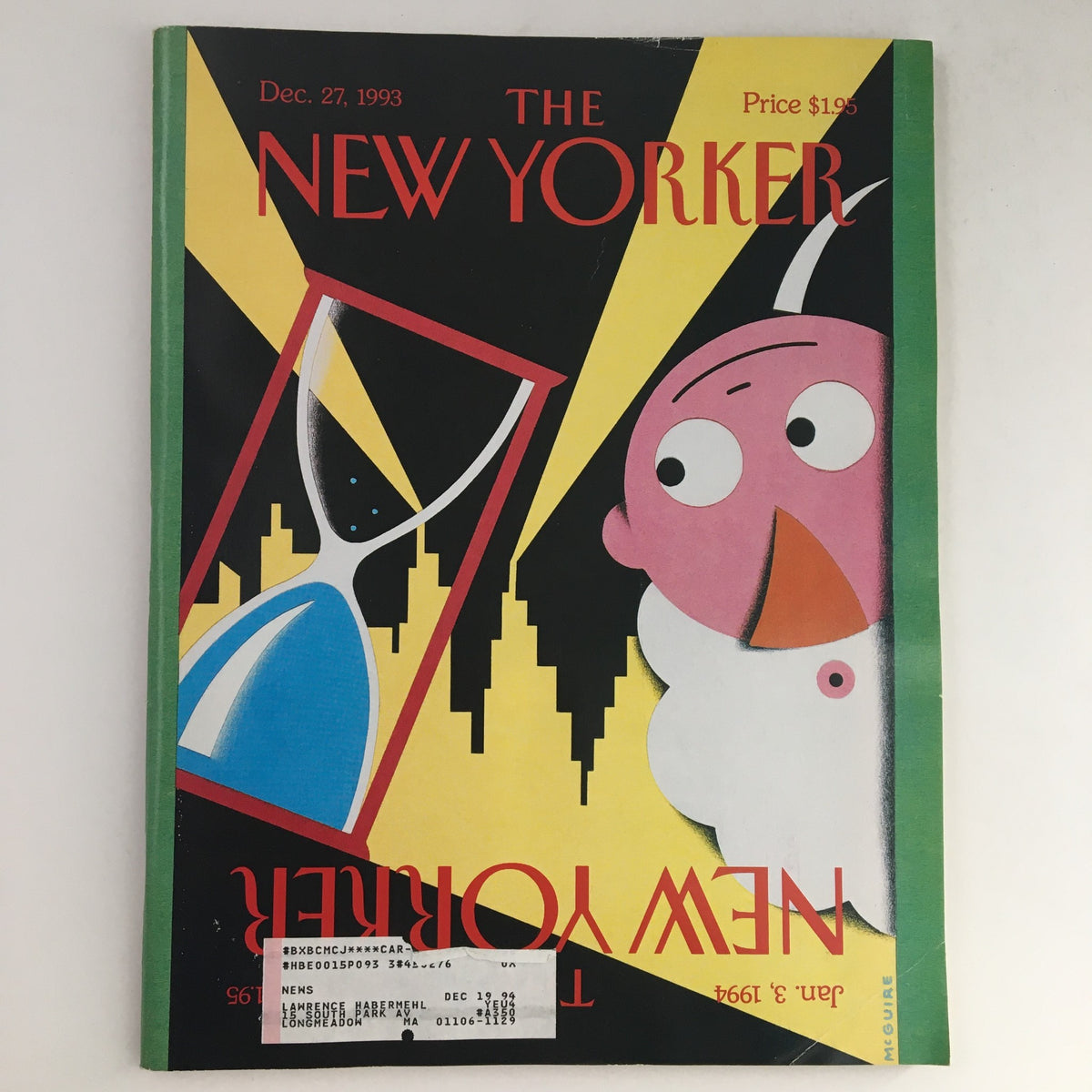 The New Yorker December 27 1993 Full Magazine Theme Cover by Richard McGuire, featuring vibrant artwork with an hourglass and whimsical characters, a vintage magazine ideal for collectors.