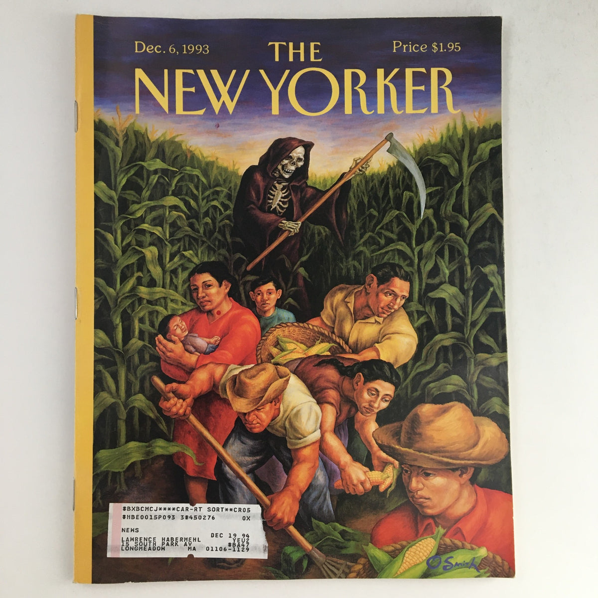 The New Yorker December 6 1993 Full Magazine featuring a theme cover by Owen Smith, depicting a vibrant illustration of a farmer in a cornfield with a skeletal figure, representing cultural and societal themes.