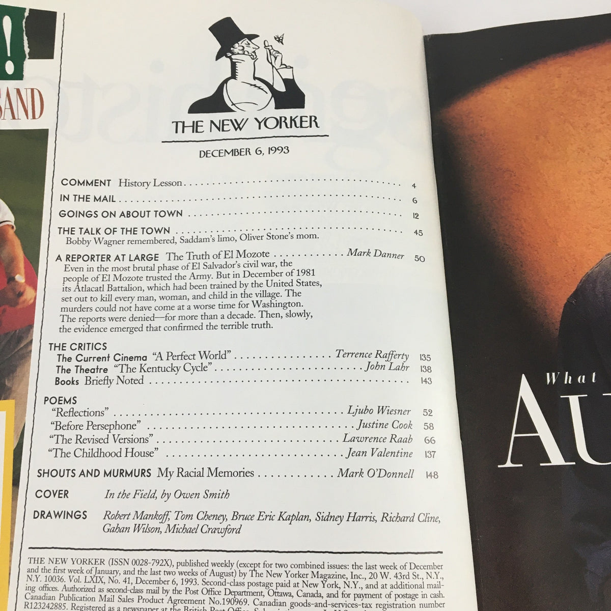Contents page of The New Yorker December 6, 1993 featuring the magazine title and various articles, including 'A Reporter at Large' and 'The Critics', showcasing Owen Smith's cover theme.