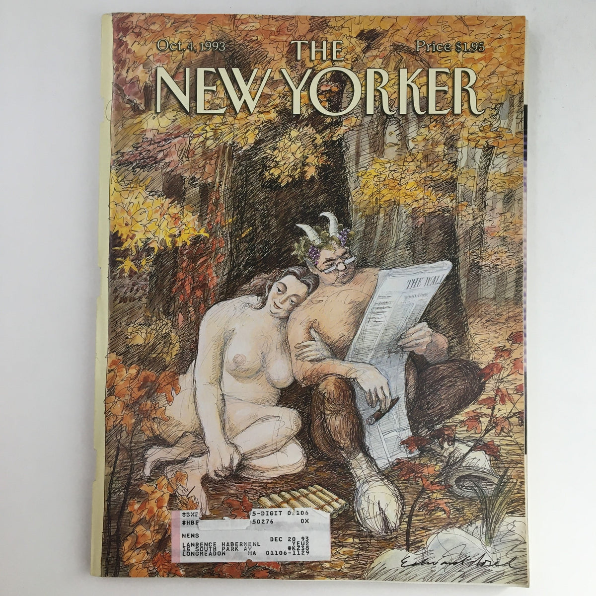 The New Yorker October 4 1993 Full Magazine Theme Cover by Edward Sorel featuring a whimsical illustration of a couple in an autumn setting.