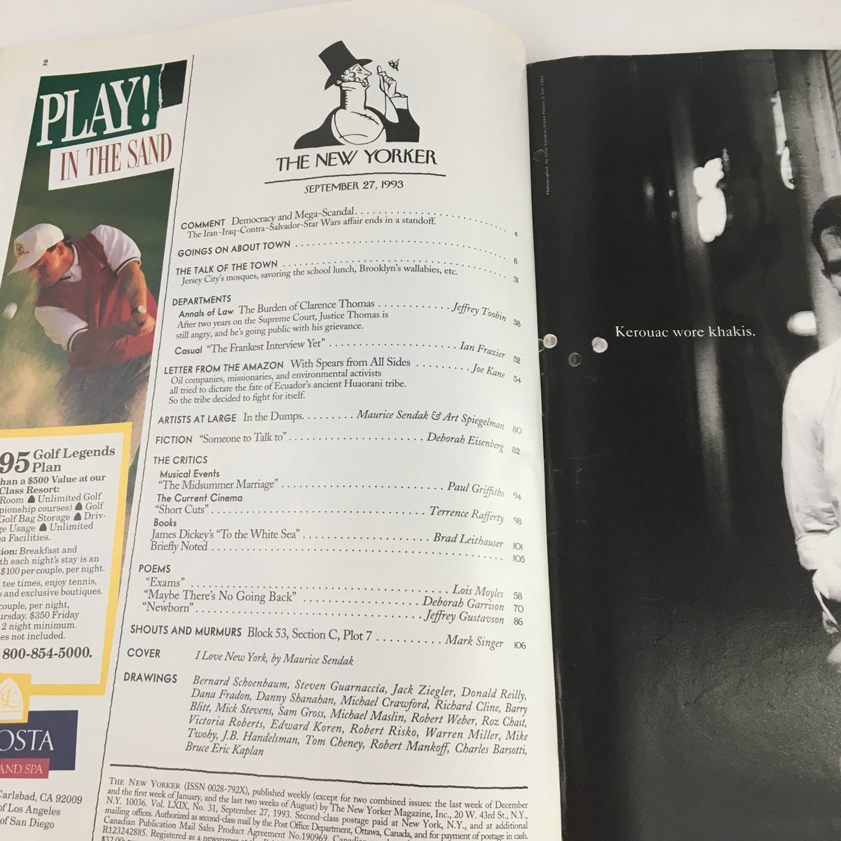 Inside contents page of The New Yorker magazine September 27, 1993, listing features and articles, including contributions by Maurice Sendak.