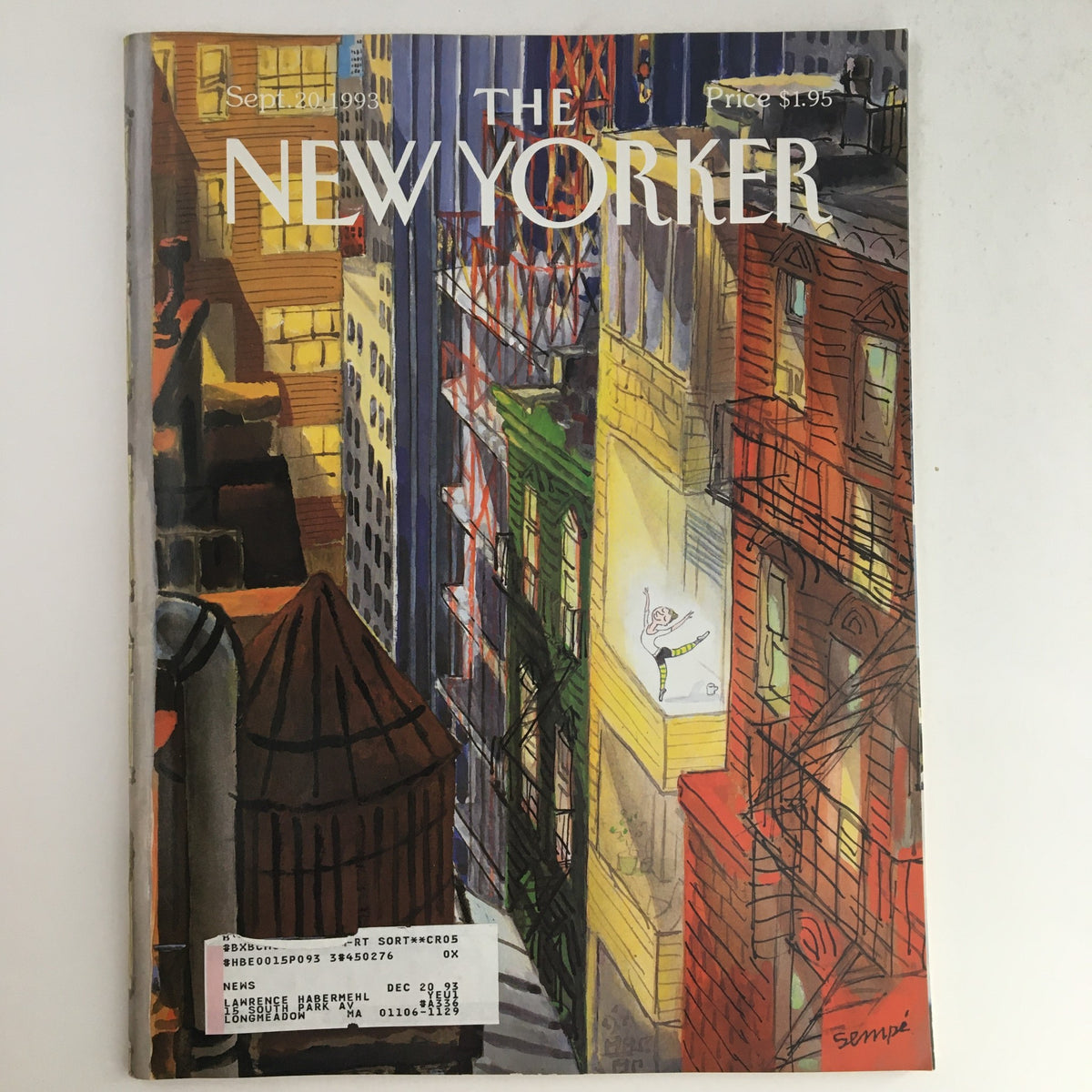 Cover of The New Yorker September 20 1993, featuring a colorful illustration by Jean-Jacques Sempé, depicting an urban scene with a whimsical character on a balcony, showcasing early '90s culture.