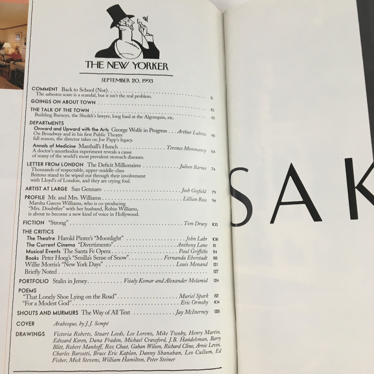 Interior page of The New Yorker September 20 1993, displaying the table of contents with various articles and illustrations, reflecting the magazine's literary and cultural commentary.